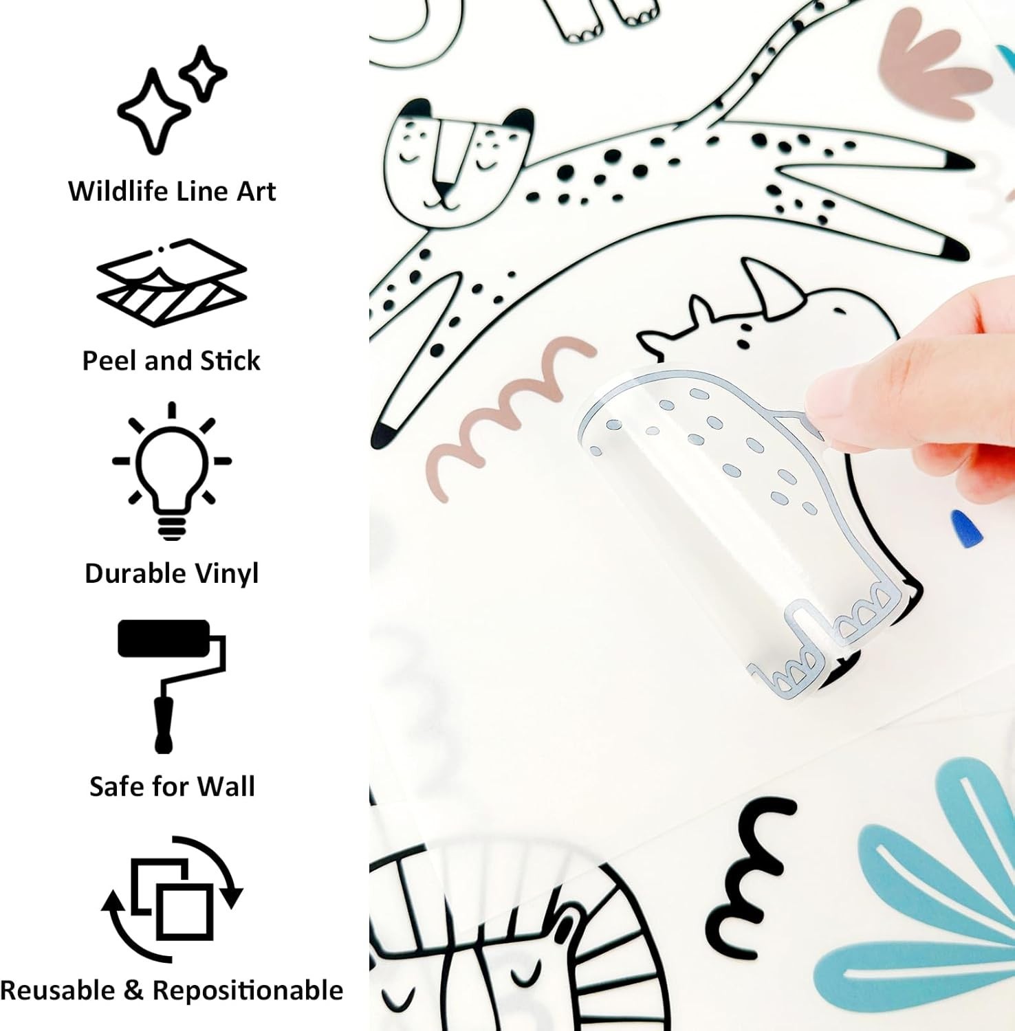 Durable Vinyl Safari Animal Wall Art – 39 Repositionable Decals for Kids' Rooms