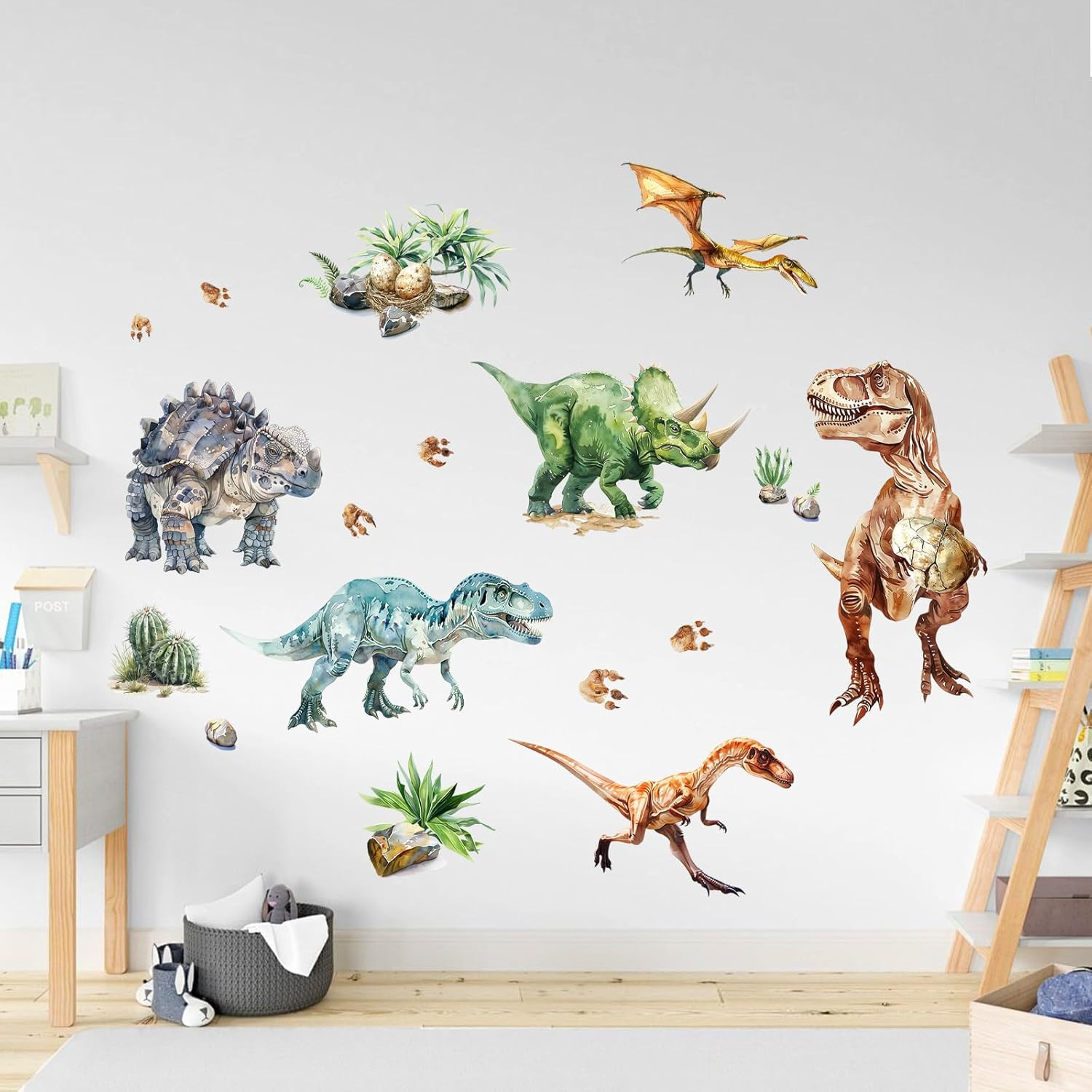 Dinosaur Wall Decals, Large Dino Wall Stickers Volcano Tropical Plants Cactus Pe