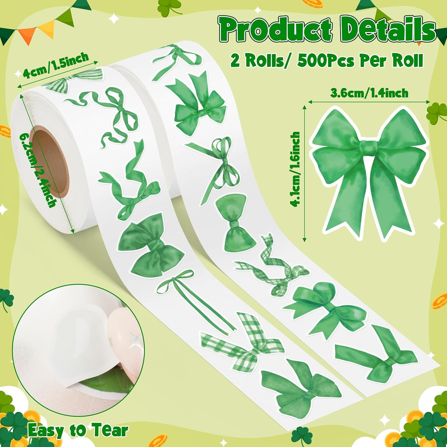 Spring Green Bow Roll Stickers – 1000 Pcs Waterproof Vinyl Decals