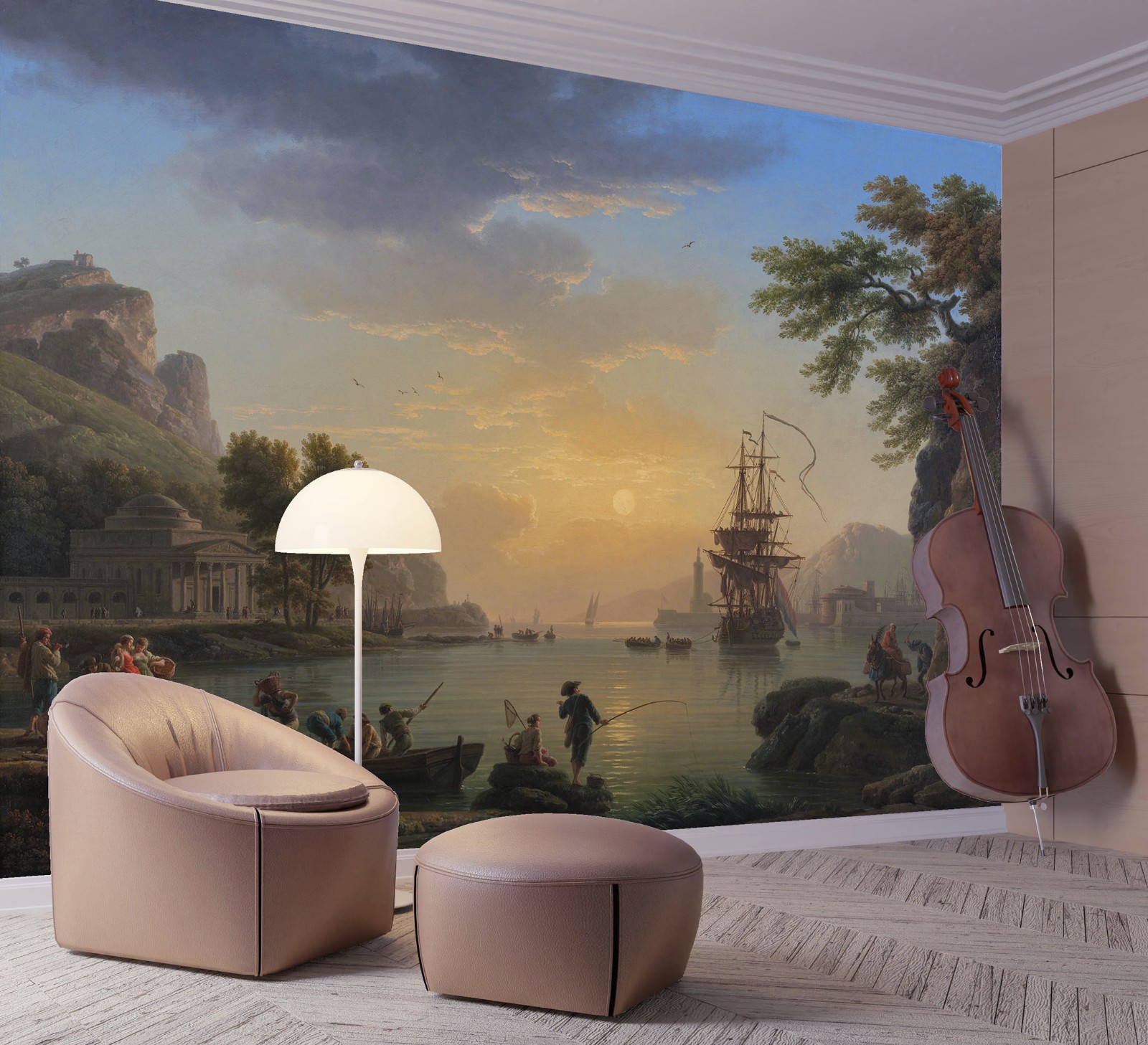 Sunset Coast & Sailboat Wallpaper, Classical Painting. Wall Decal, Tapestry