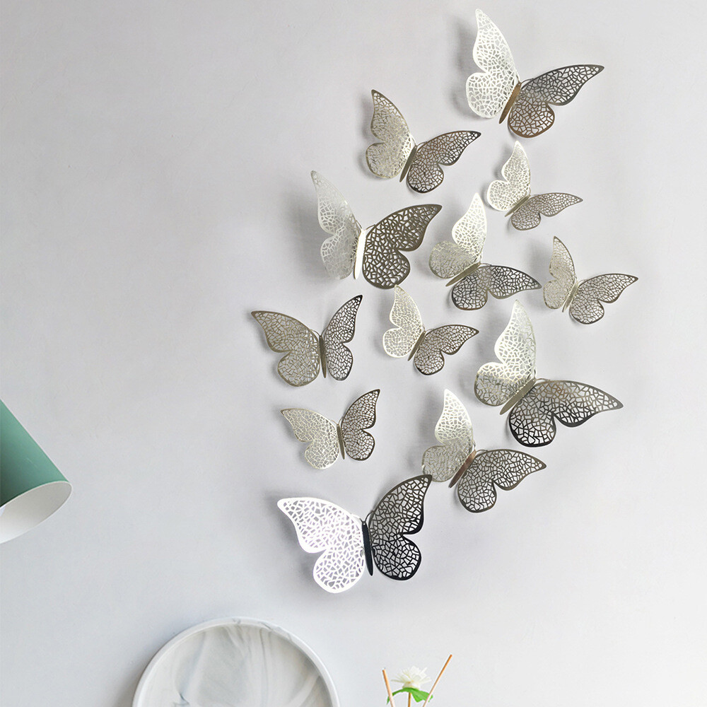 12 pcs 3d cute rose, silver, and gold butterfly wall decor, party, wedding, diy