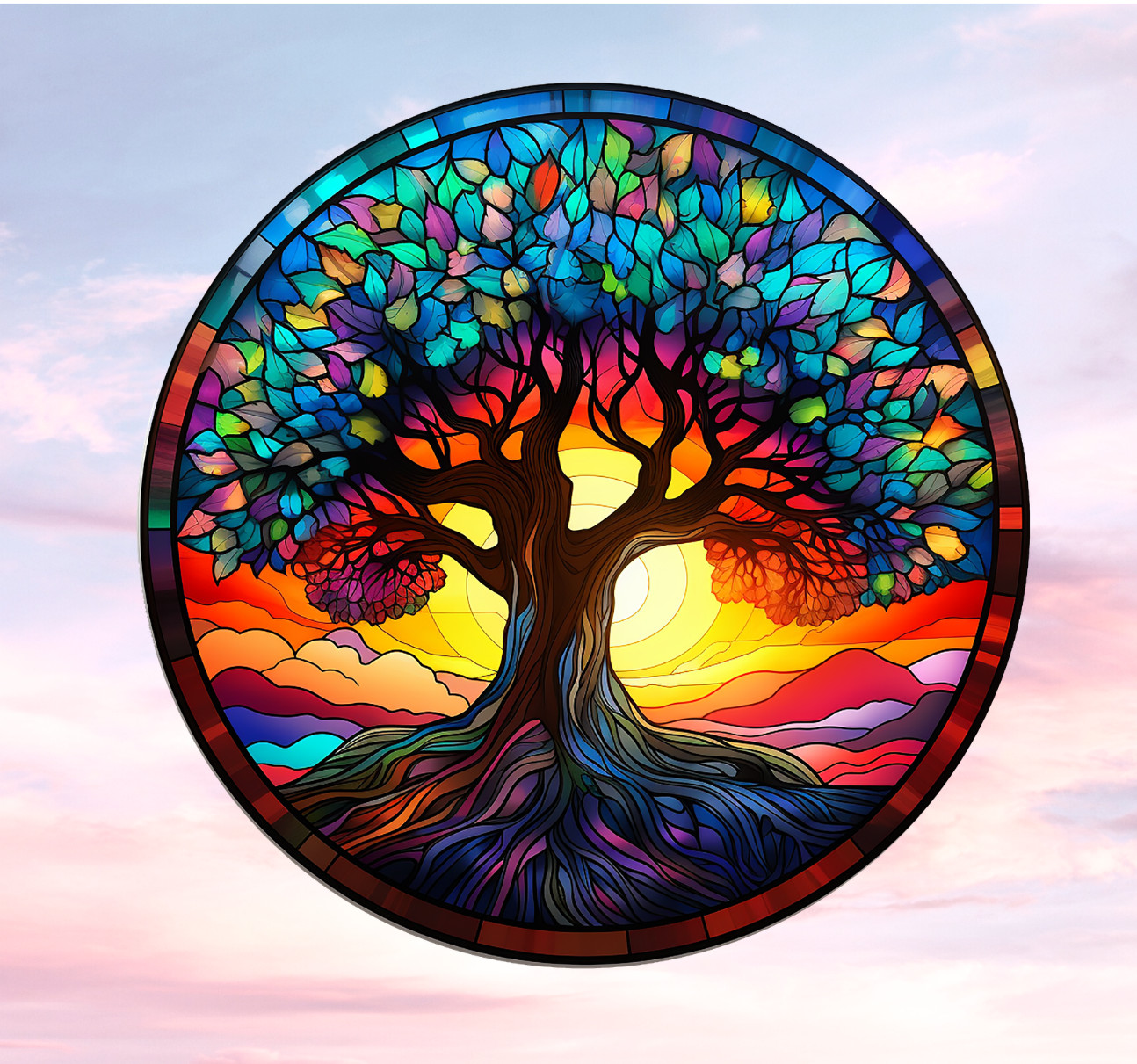 Tree of Life Round Faux Stained-Glass WINDOW CLING Size 8" Round Vinyl