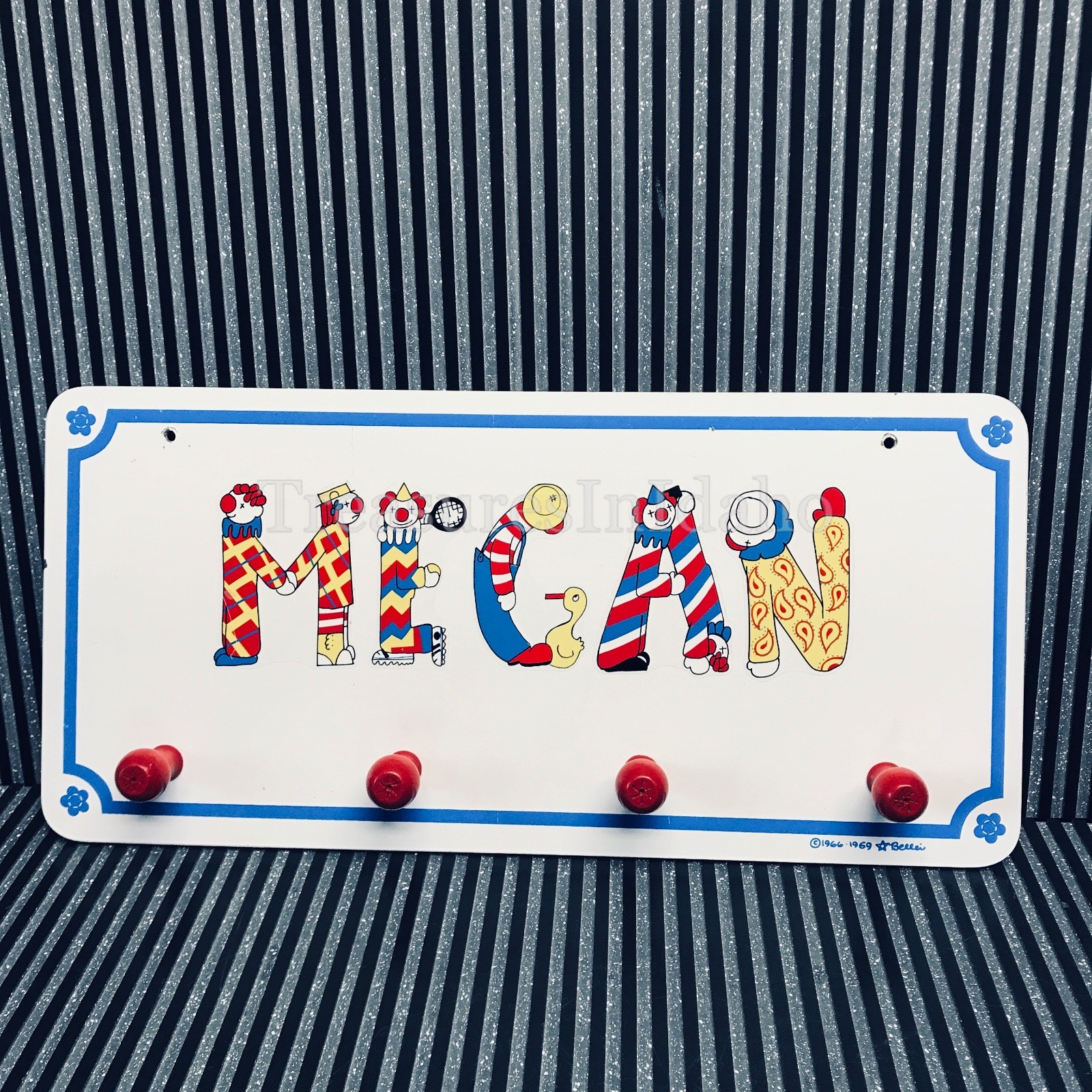 Vtg 1960's Children's Clowns Coat Rack, Name : MEGAN . 1966-1969 Bellei