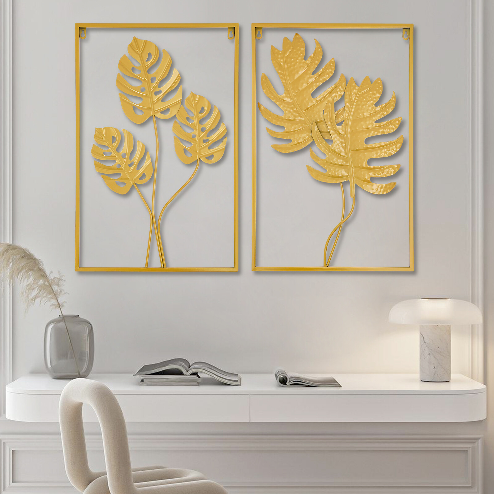 2PCS Wall Decorations Gold Iron Leaf Wall Hanging Home Decor with Frame Golden