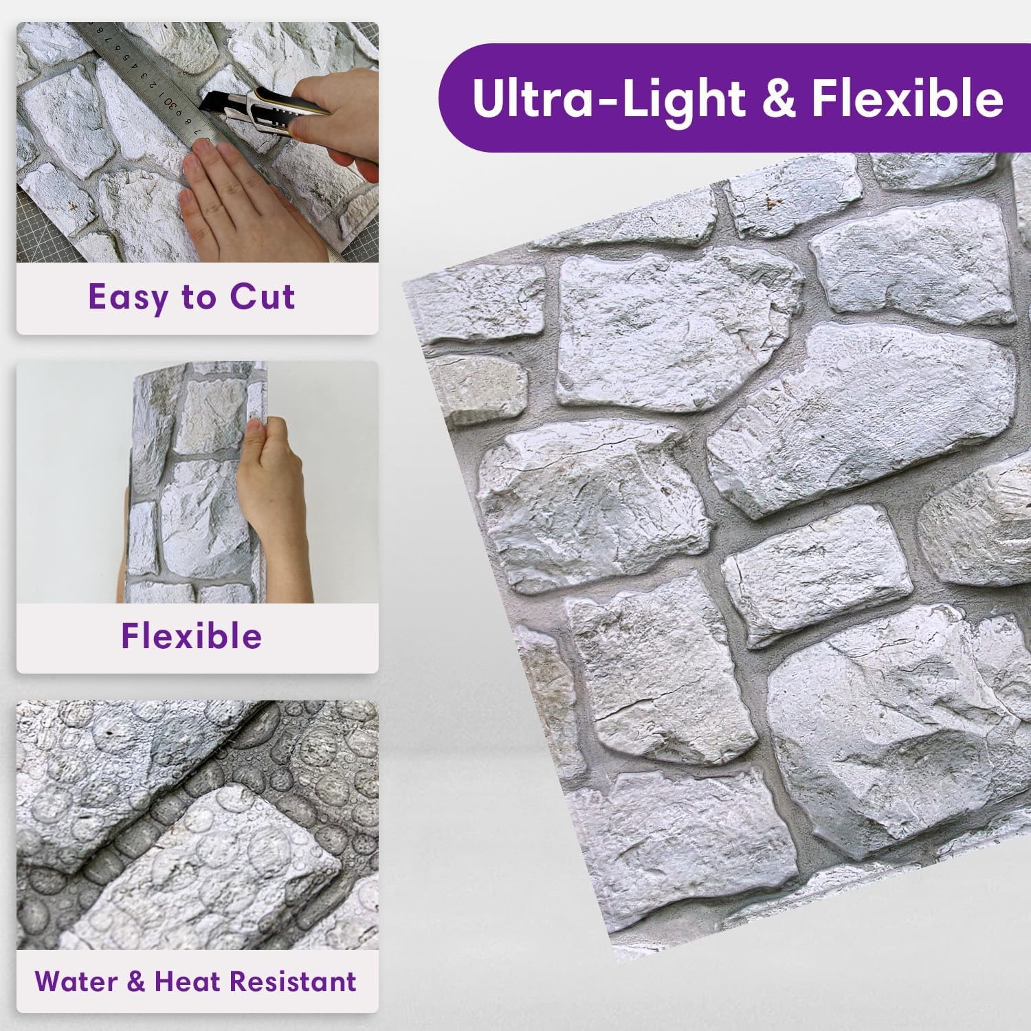 3D Faux Stone Wall Panels Peel and Stick Whitewash, 10 Pcs 11.8" x 11.8", Sto…