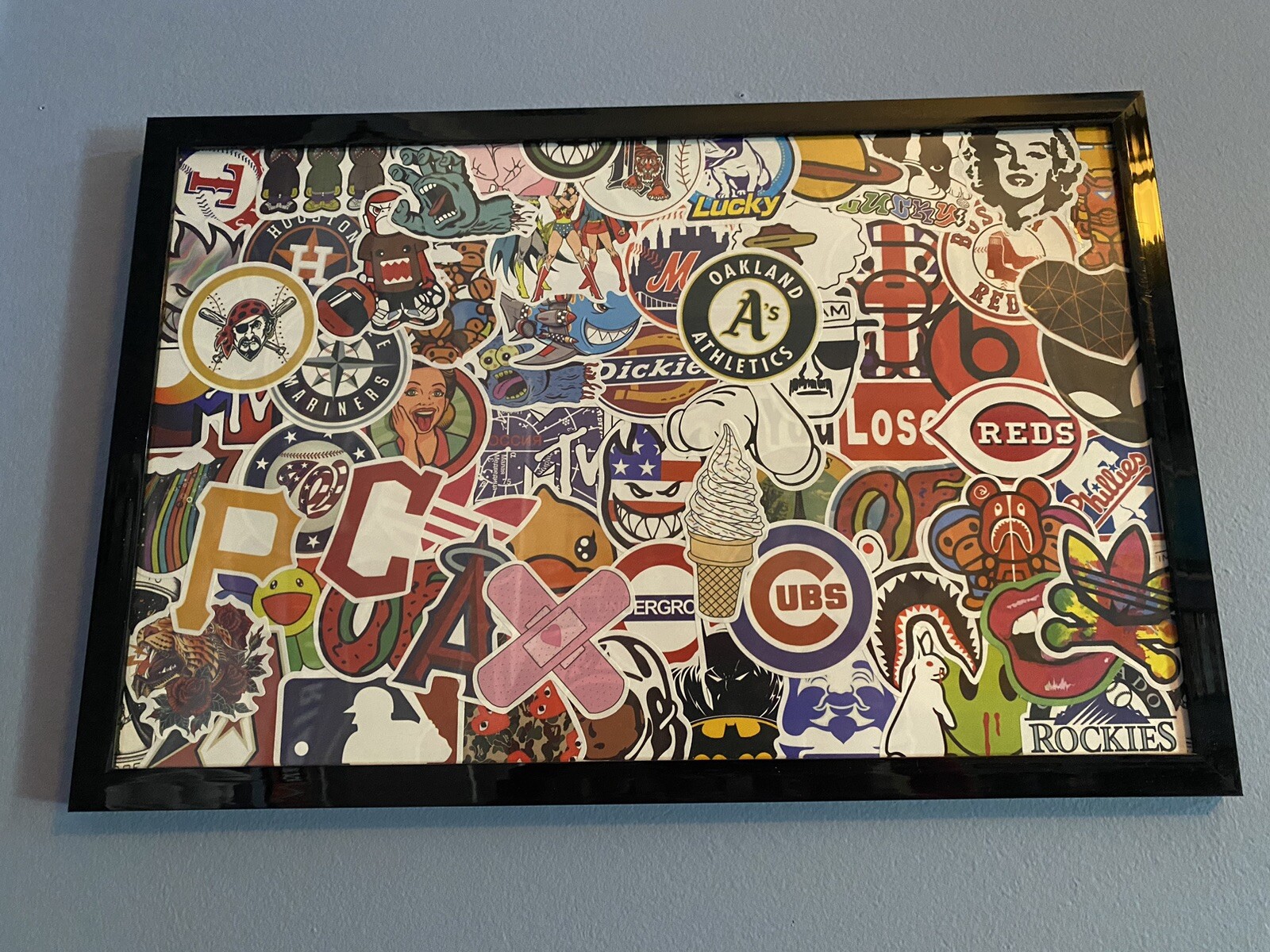 Framed Sticker Art Decal Collage MLB + Random Skate Stickers (11x17in)