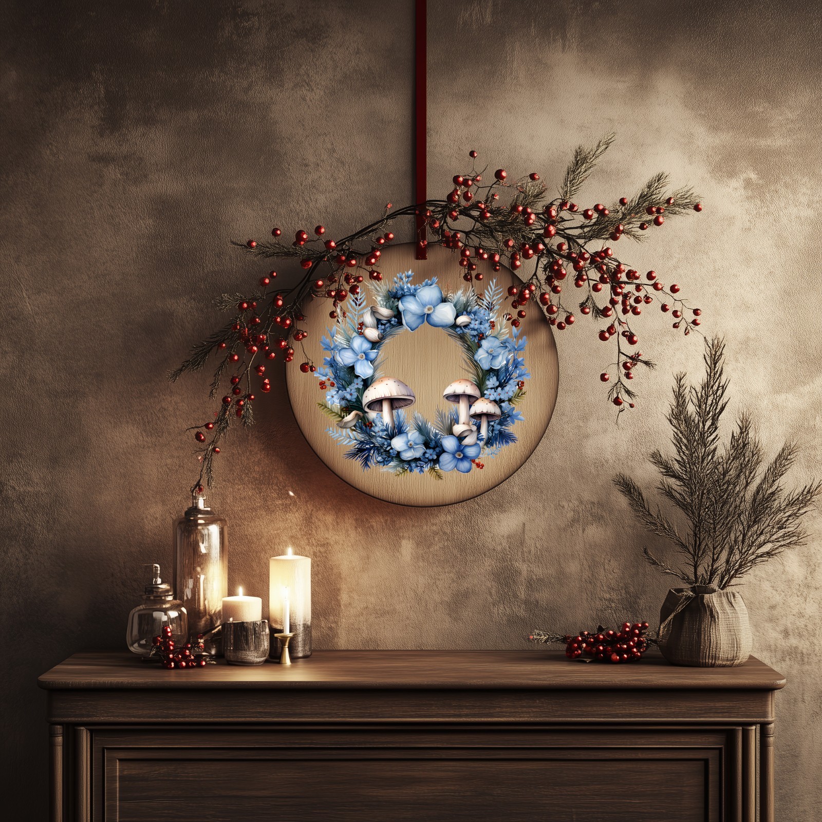 Blue and White Mushroom Wreath UV DTF Transparent Sticker / Decal