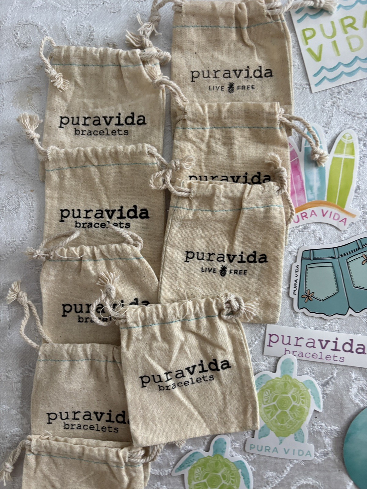 Pura Vida Sticker Lot Of 20 Logo Beach Island Themed and 9 bags and box
