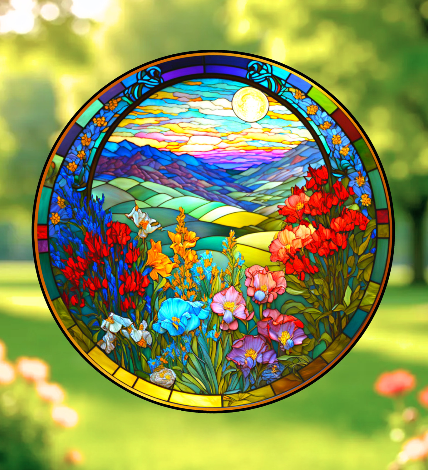 Wildflowers Faux Stained-Glass WINDOW CLING Size 8" Round Vinyl