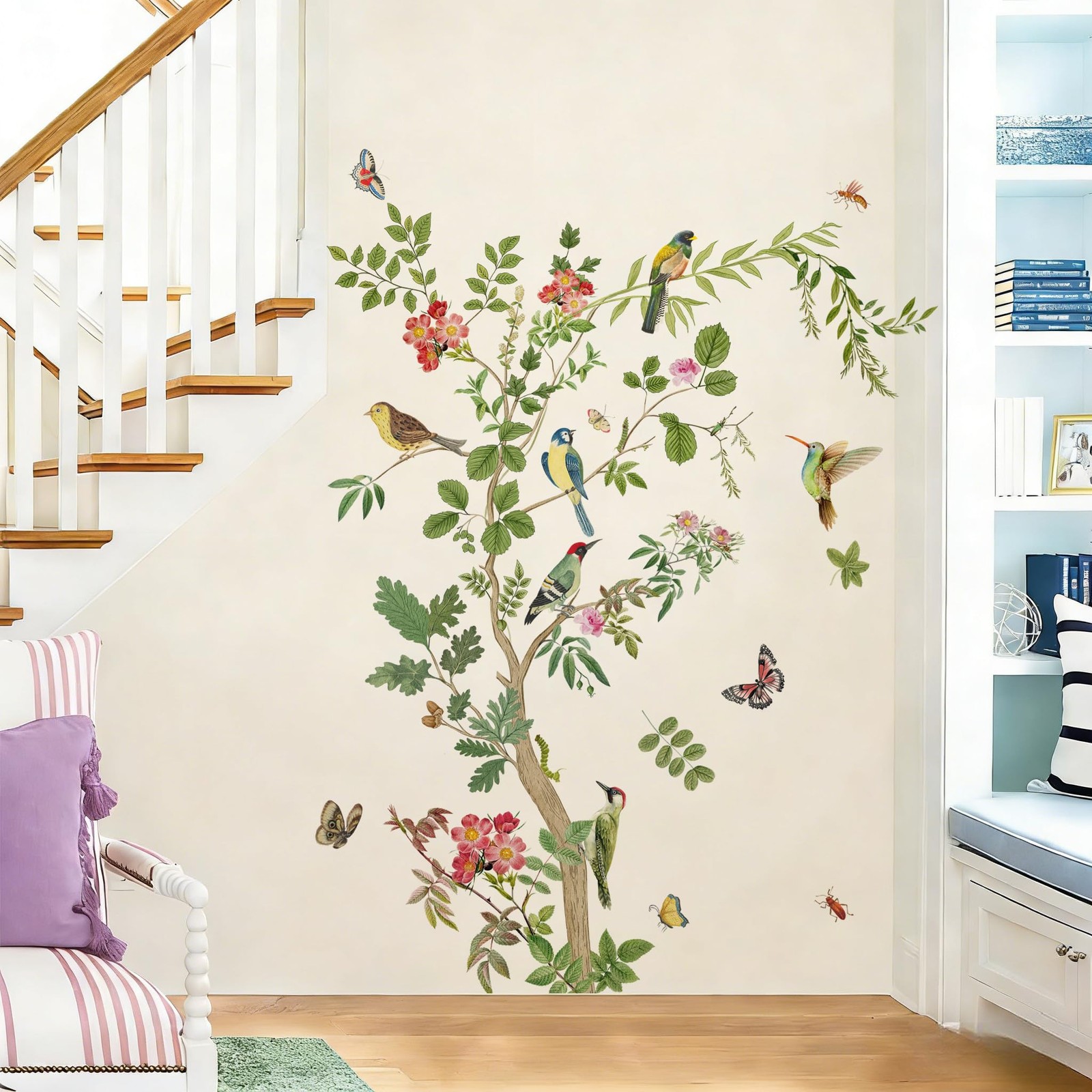 Large Green Tree Wall Decals Floral Tree Branch with Birds Peel and Stick Rem…
