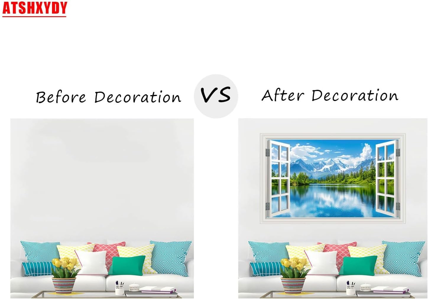 Fake Window Wall Mural Sticker Mountain Lake Forest Tree Faux Window Wall Cling