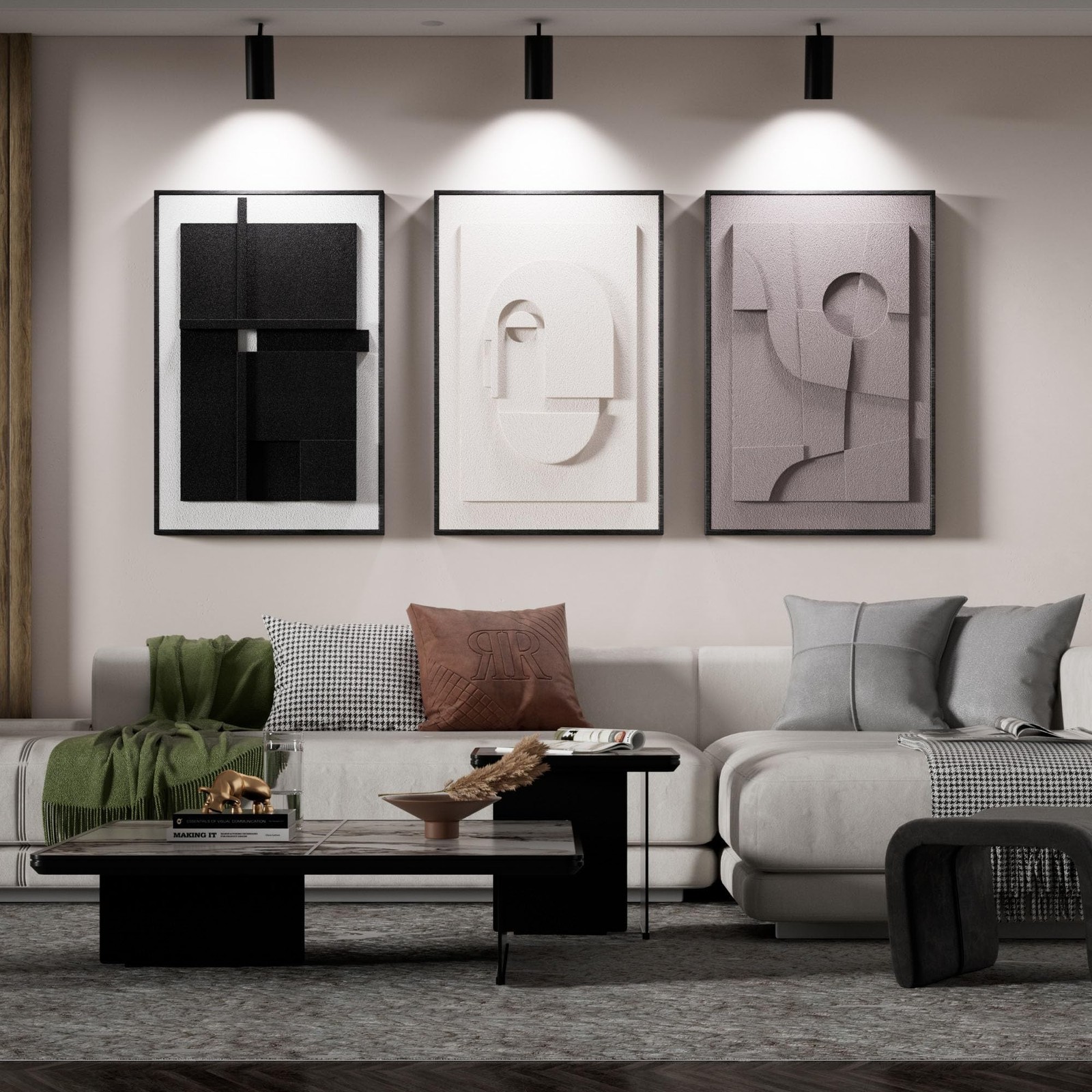 3D Textured Abstract Wall Art for Living Room, 3 Piece Modern Neutral Framed …