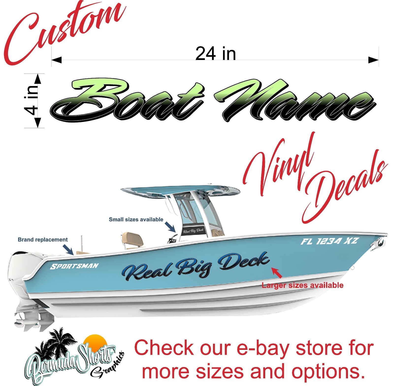Boat Name Decal 4×24" / Custom Hull Graphic / Premium Marine Vinyl Lettering GRB