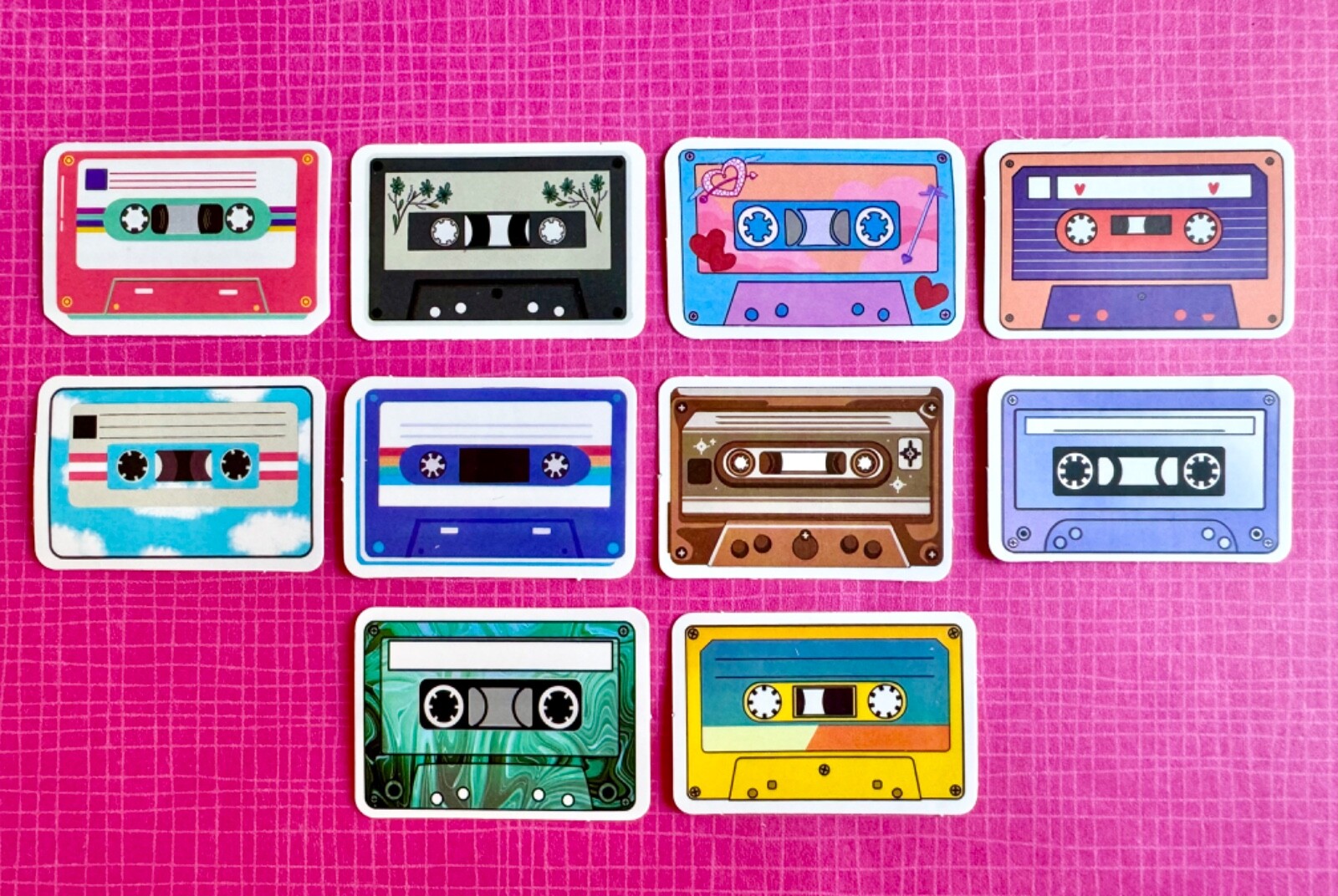 New 80s Style Mini Cassette Tape Waterproof Stickers Set of 10 – 1.75” x 1.25”