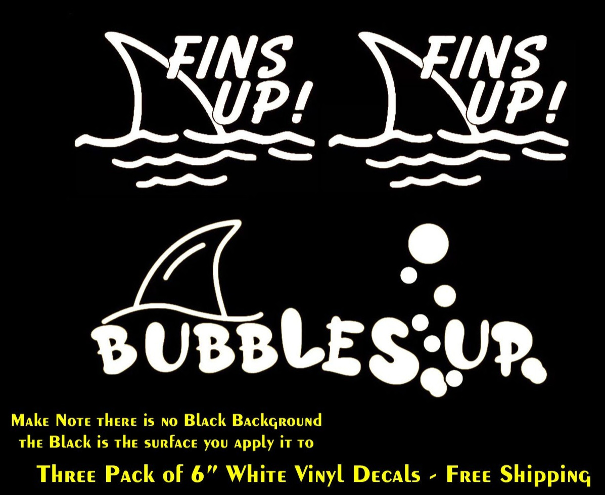 Fins Up! & Bubbles Up 3 Pack 6" Indoor Matte White Vinyl Decals Walls Doors