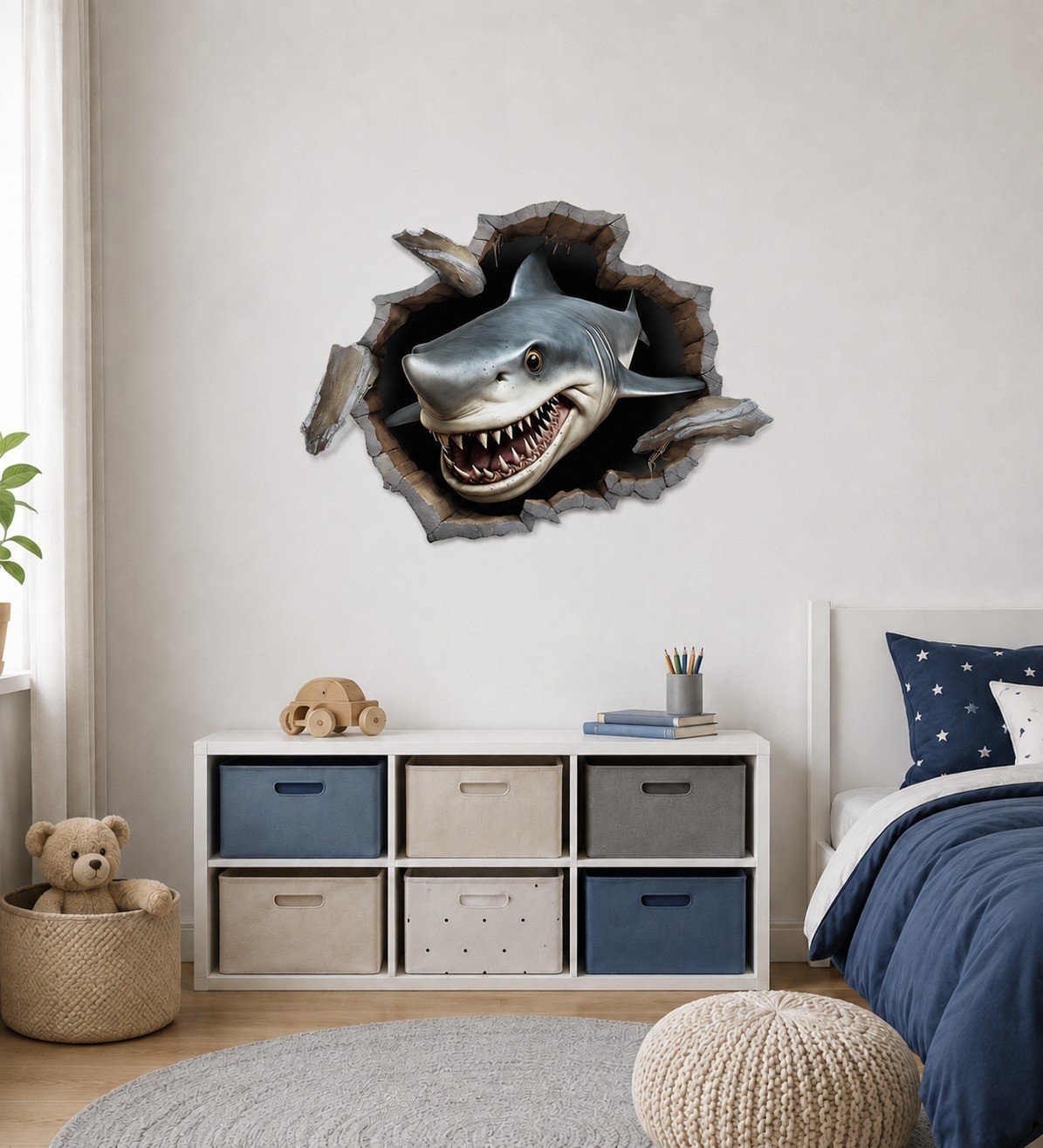 3D Shark Wall Decal – Realistic Breaking Through Wall Sticker for Kids Bedroom D