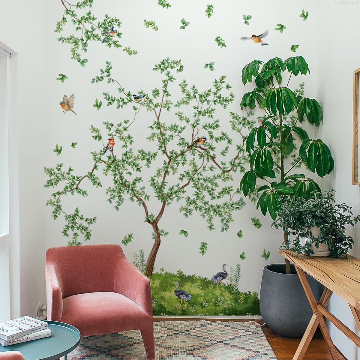 Large Green Twig Tree Wall Decals Falling Green Leaves Plants with Birds Wall…