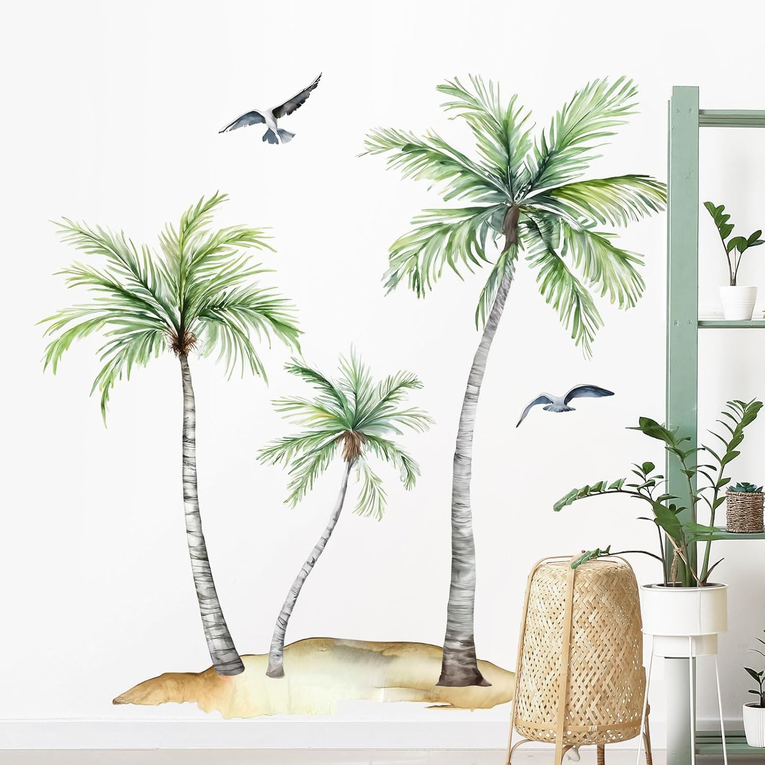 Watercolor Palm Tree Wall Decals Green Tropical Leaves Plants Boho Wall Stickers