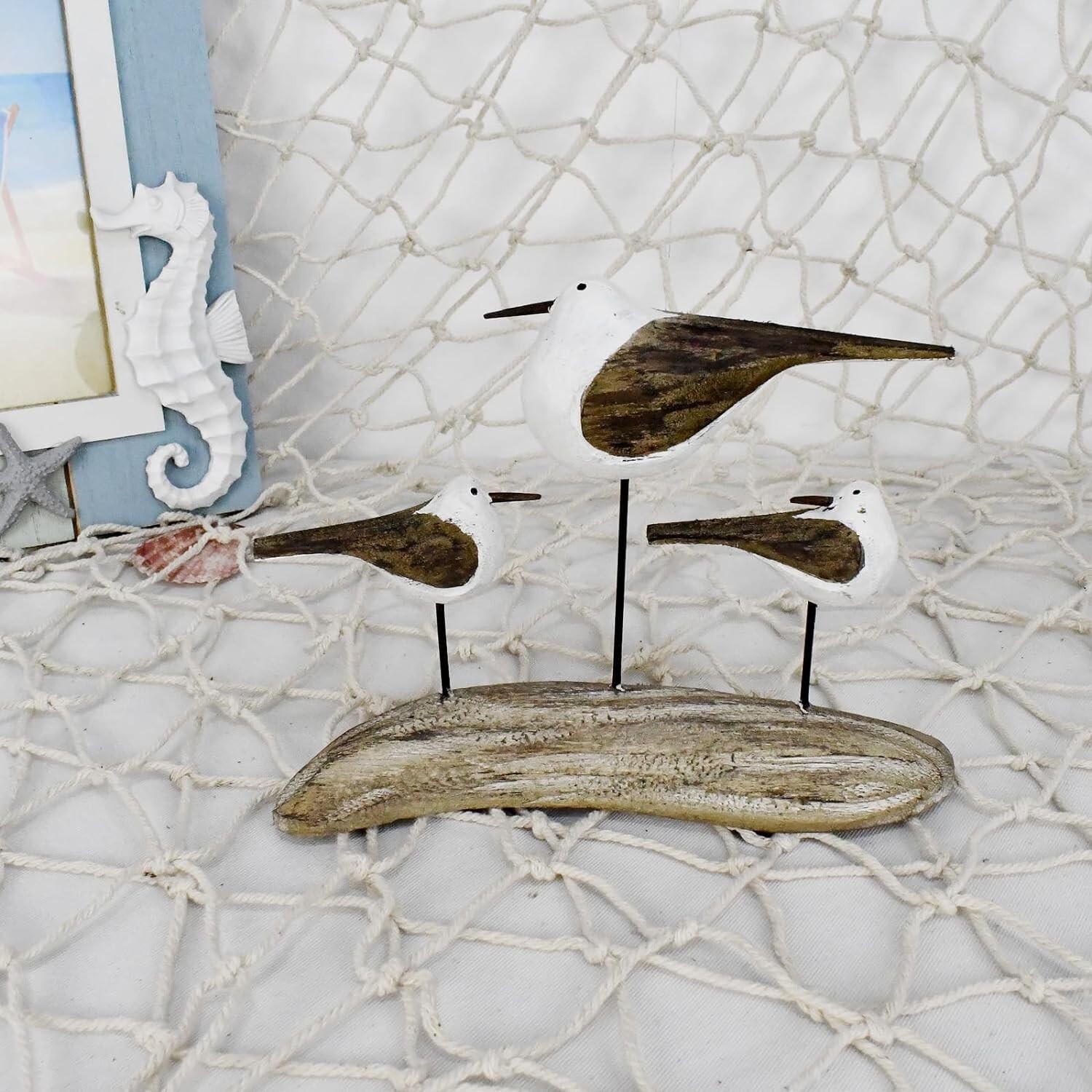 Wooden Sea Bird Statue Seagull On Stand Decor Nautical Coastal Birds Sculpture