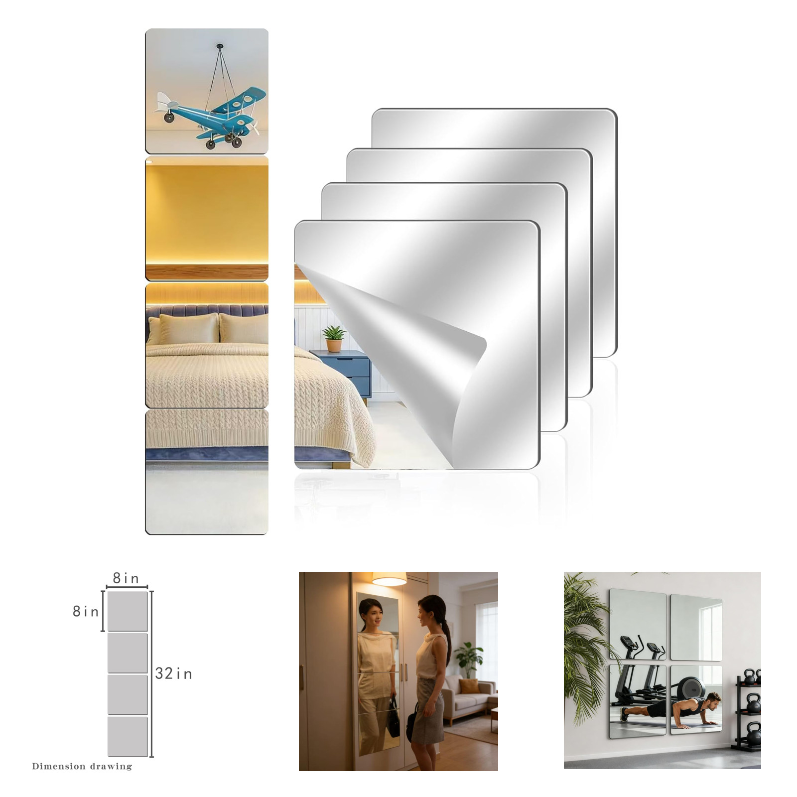 Acrylic Wall Mirrors 8×8 Inch Self Adhesive Square Tiles for Bedroom Home Gym