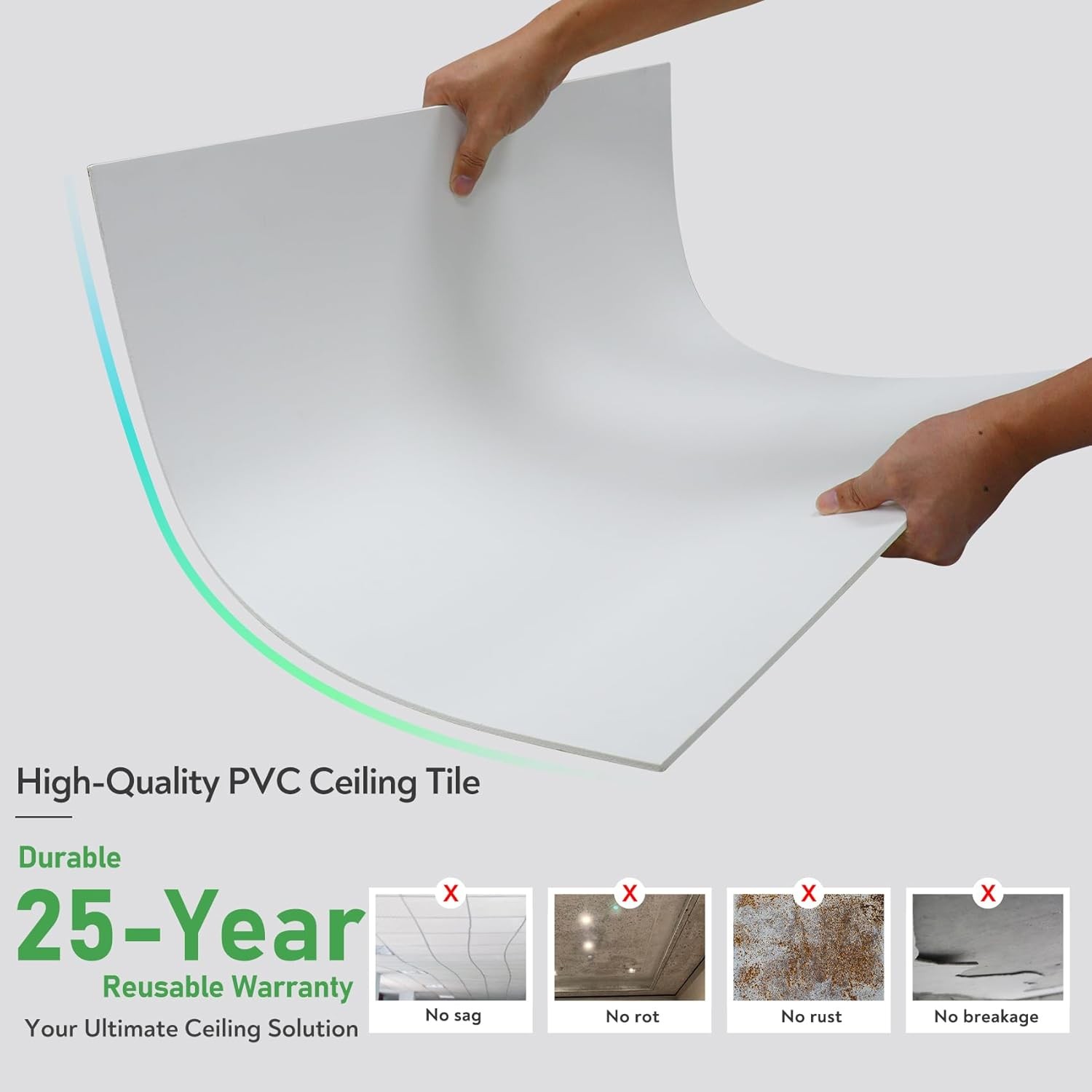 Smooth Drop Ceiling Tiles 2 x2ft, PVC Ceiling Tile 24×24" Waterproof, Fire-Rated