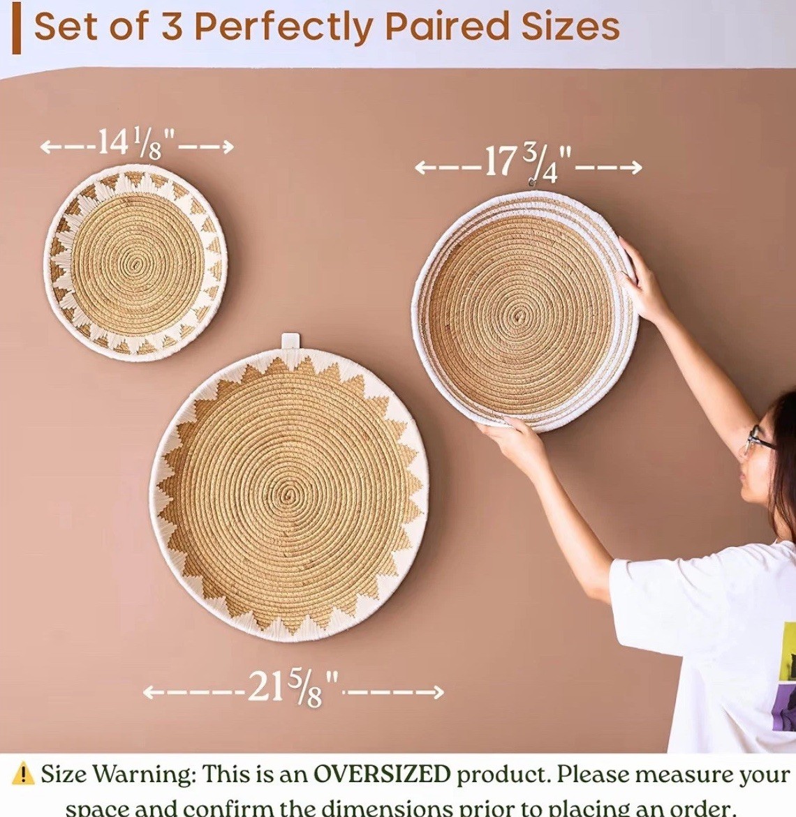 22", 19", 15" Extra Large Hanging Woven Wall Baskets Wall Decor – Wicker/White