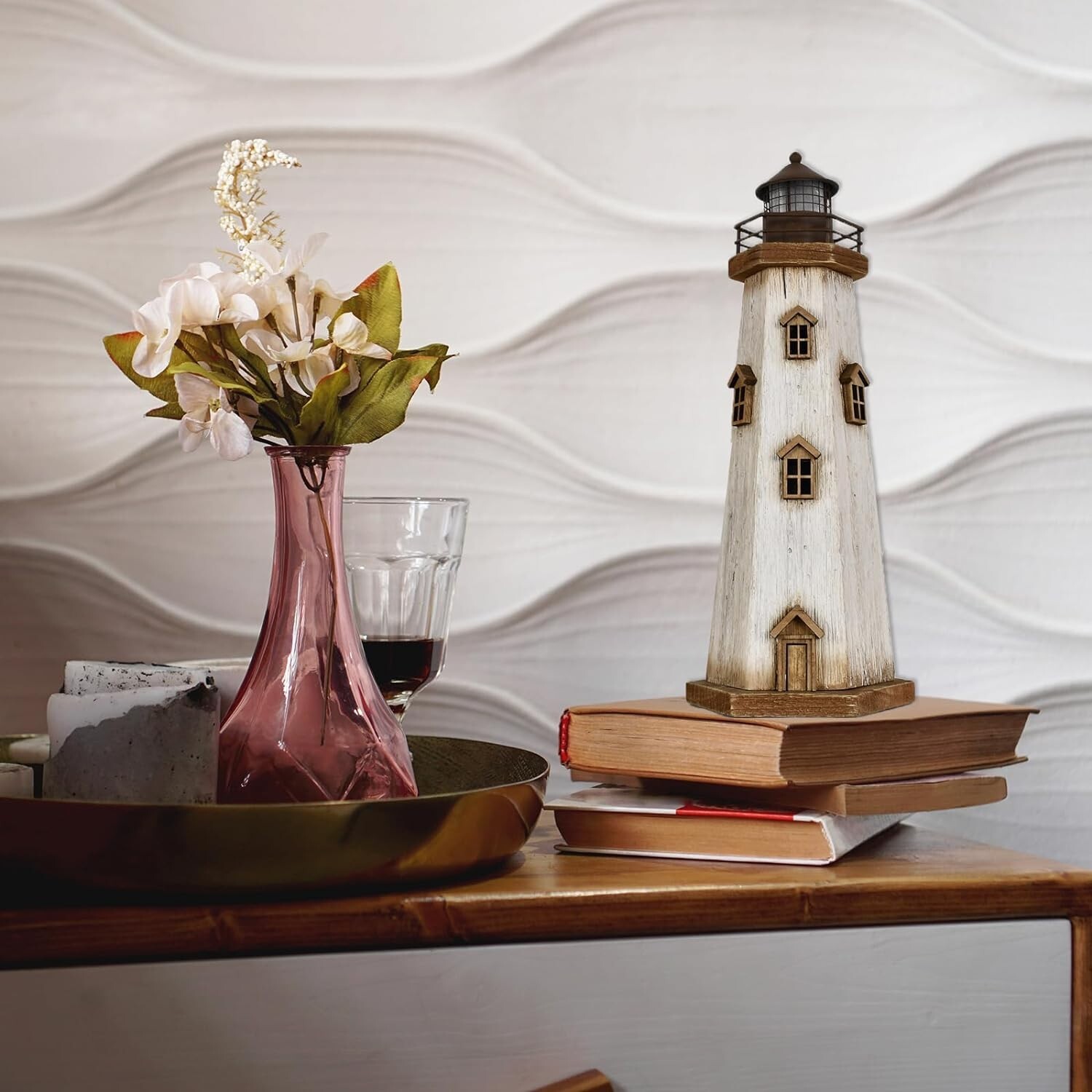 Wooden Lighthouse with Lights Nautical Tabletop Figurine
