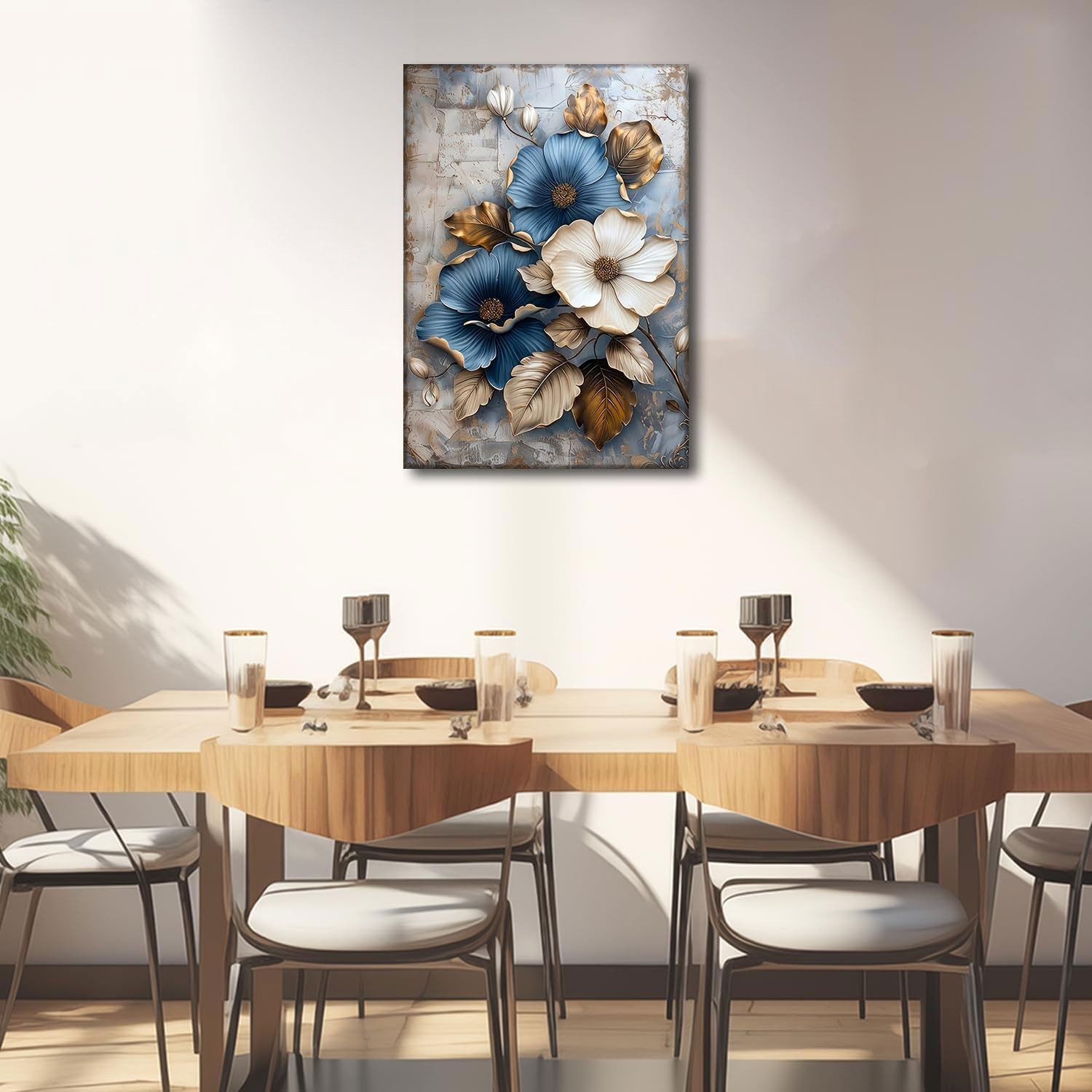Modern Floral Canvas Wall Art Blue and White Flower Market Wall Decor Picture…