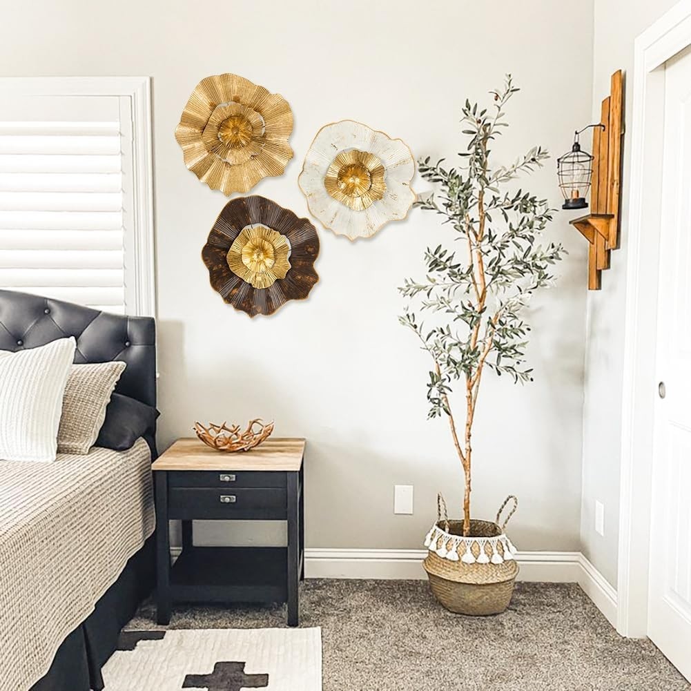 Elegant 12” Gold Metal Flower Wall Art – Abstract 3-Piece Set for Home