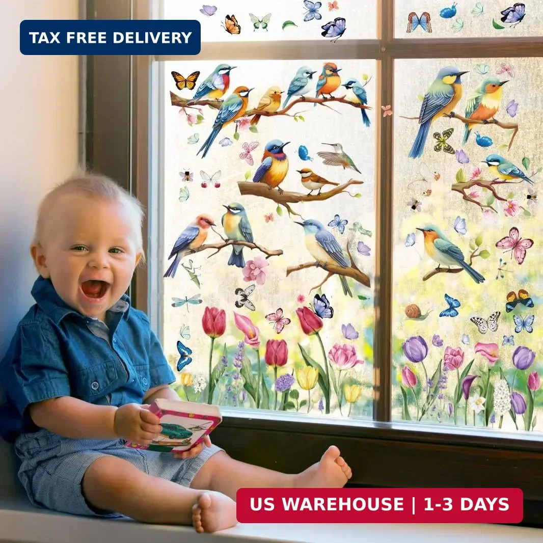Spring Window Cling Sticker – 78PCS Tulip Butterfly Flower Hummingbirds Window D
