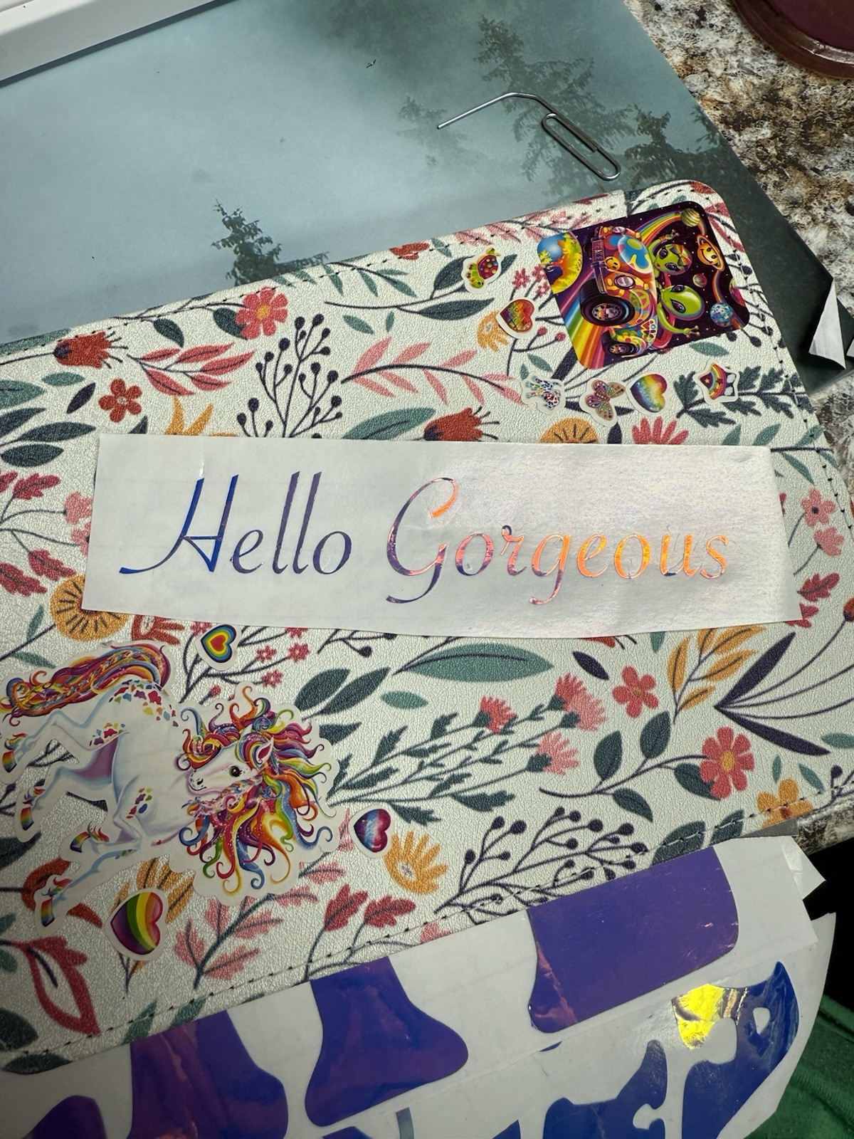 Permanent Holographic Vinyl Decal “Hello Gorgeous” 4.5×1 Inches