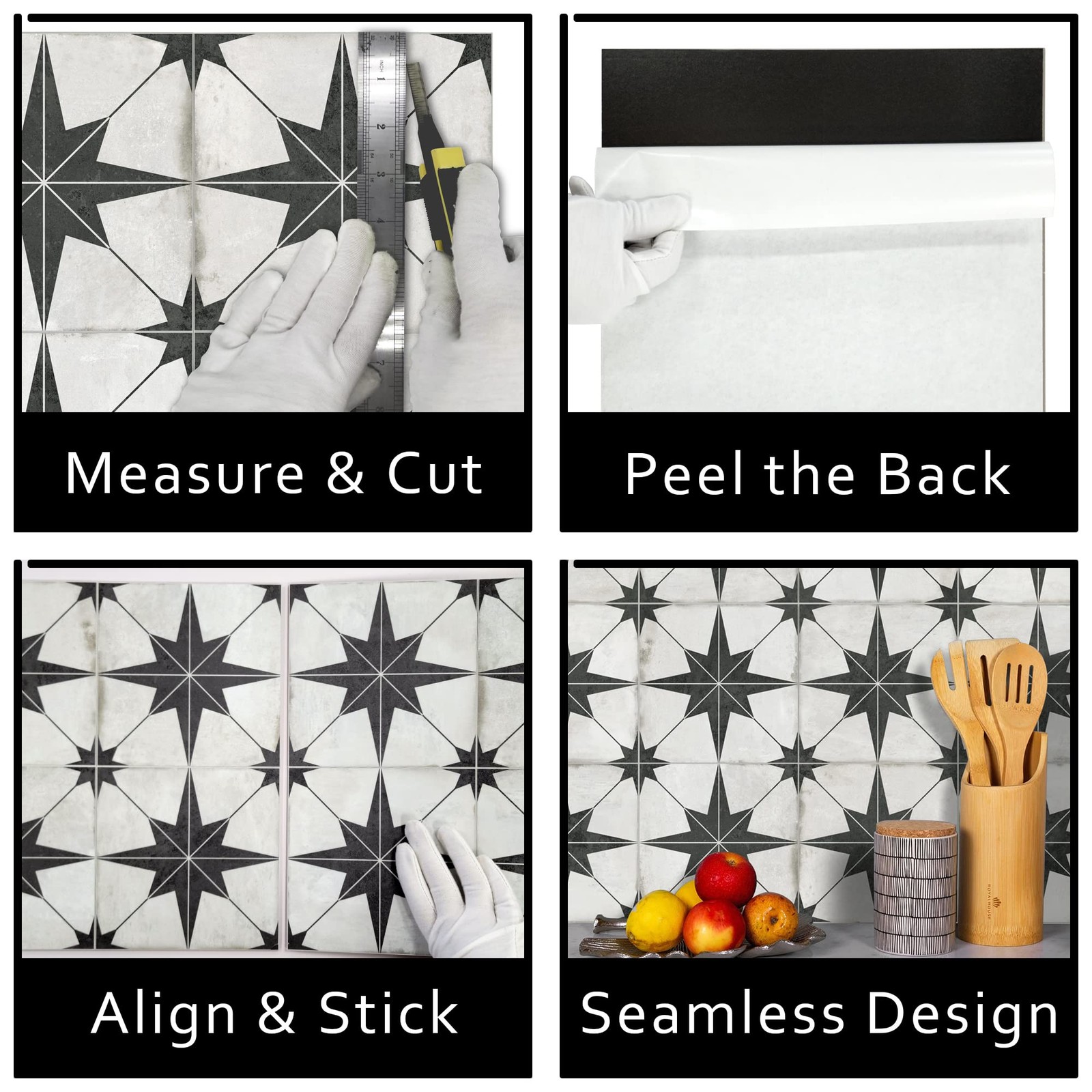 Encaustic Peel and Stick Backsplash, Black Star Patterned Vintage Stick on Ti…