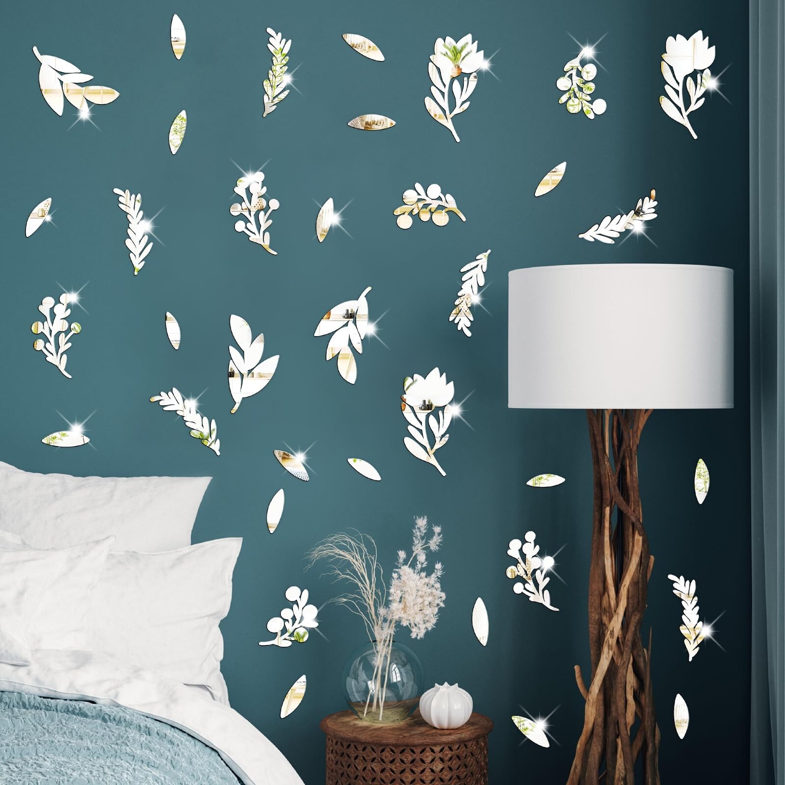Floral Leaf Wall Stickers Decor Acrylic Mirror Stickers for Walls 3D Silver M…