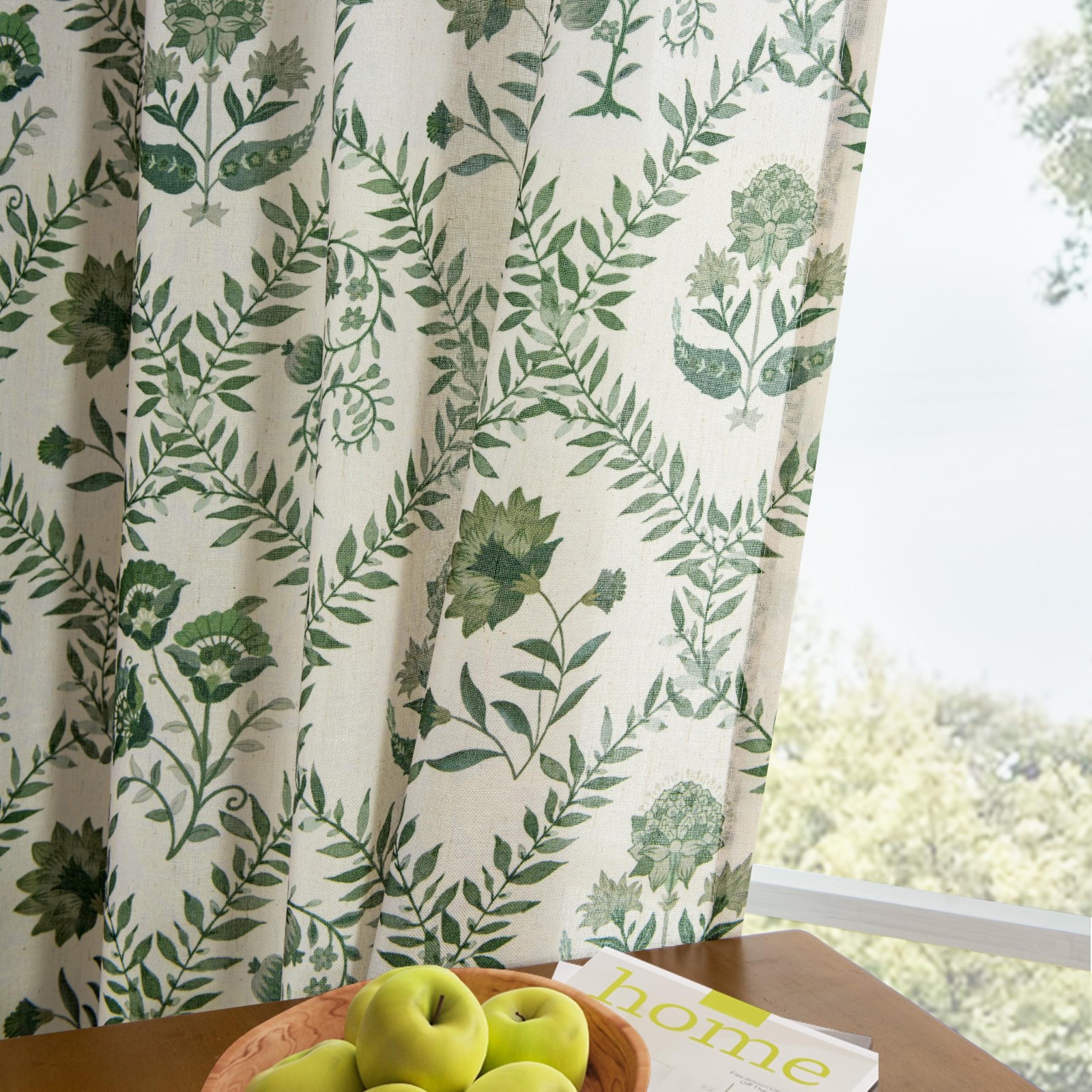 Green Floral Linen Curtains 84 Inch Length for Living Room Bedroom 2 Panels S…