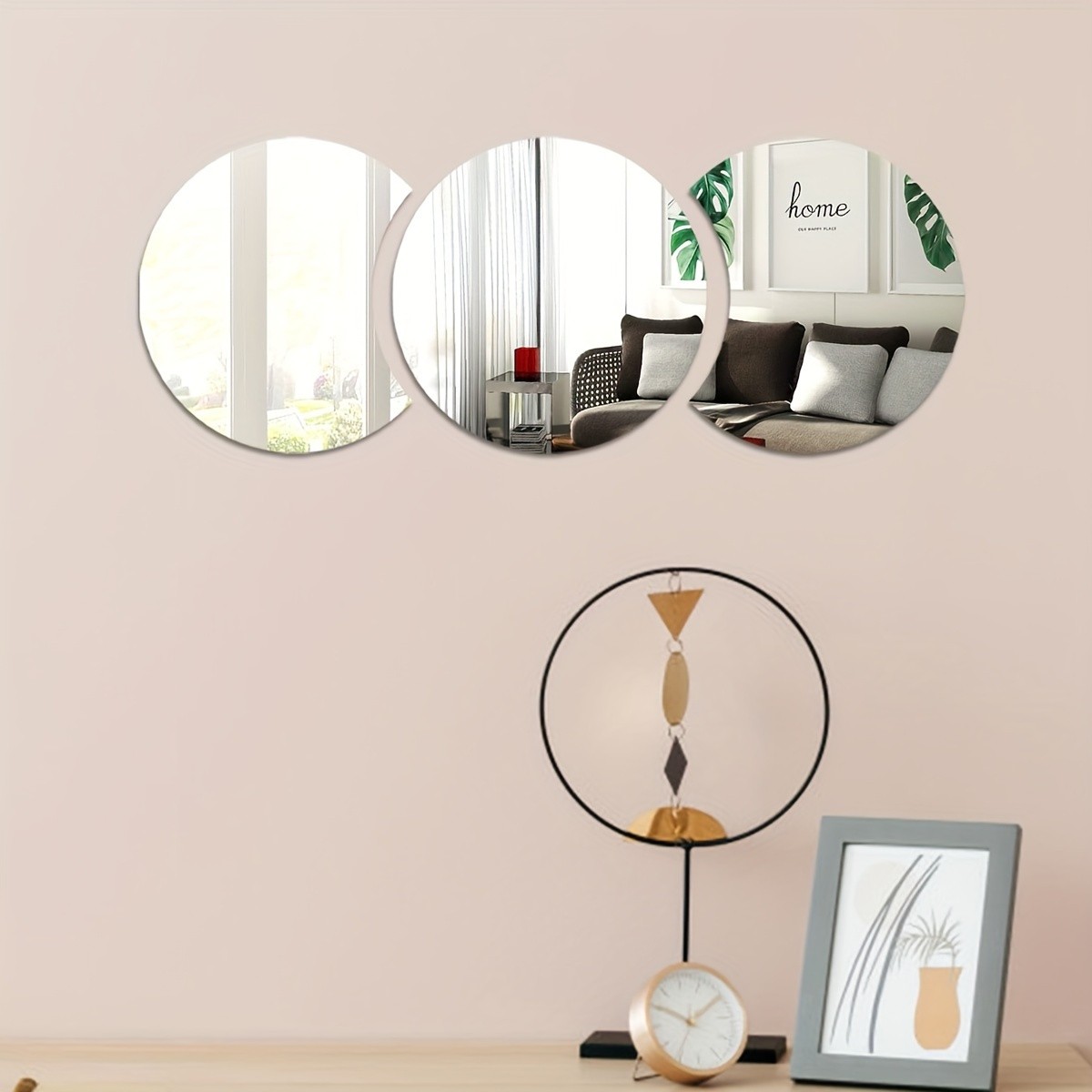 Vertical Stacked Round Mirror Decal Lightweight Safe Modern Living Room Wall Art