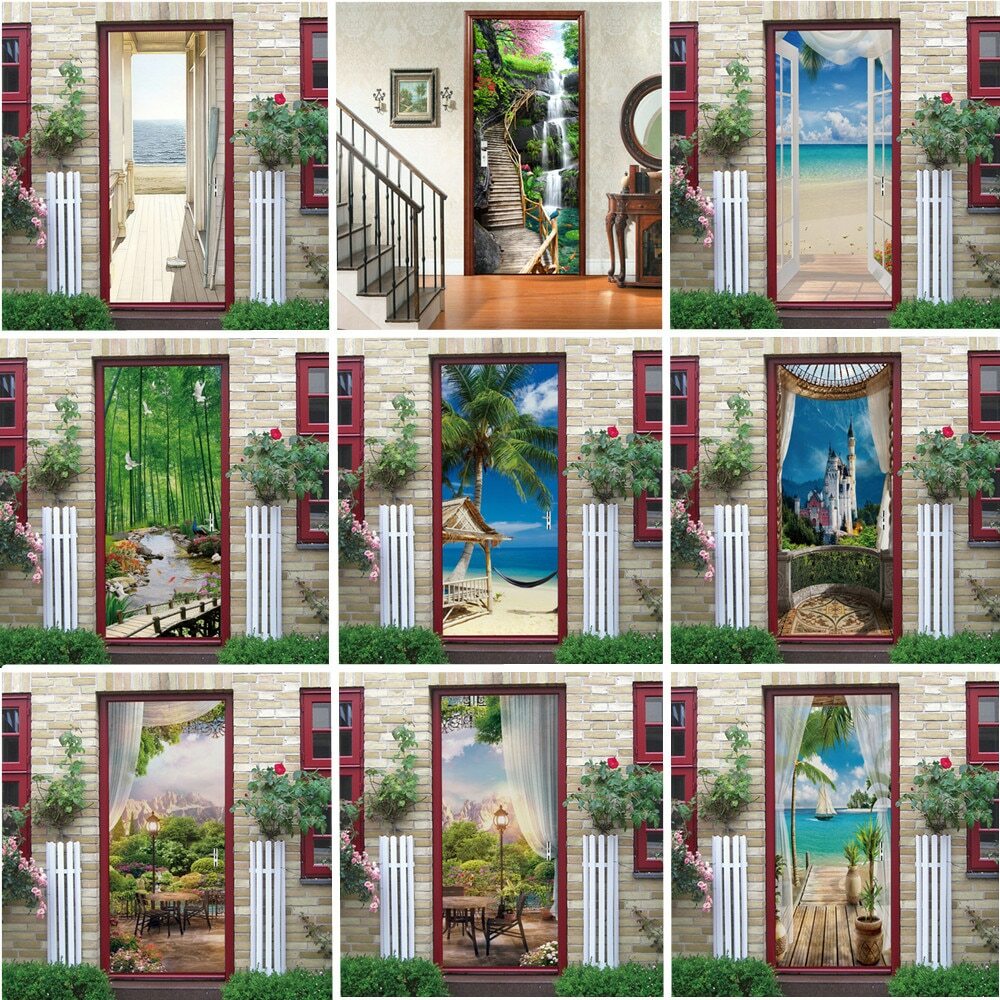 3D Door Sticker Wallpaper Self-Adhesive Door Mural Removable Vinyl Home Decorati
