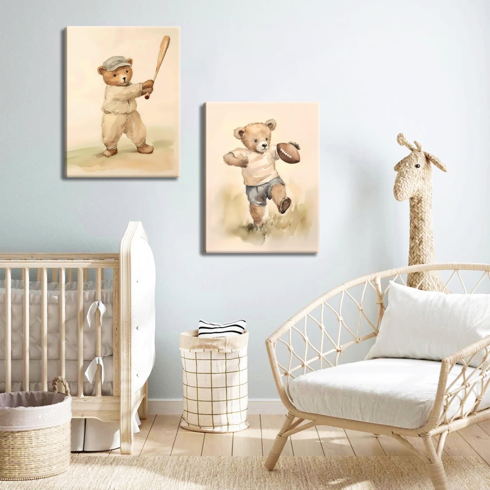 Bear Rugby Sports Nursery Canvas Wall Art Set of 3 – Cute Vintage Baby Bear P…