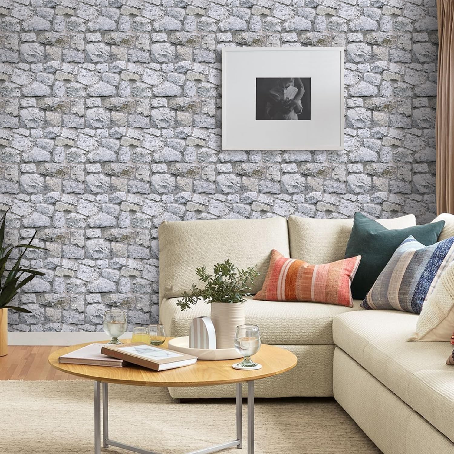 3D Faux Stone Wall Panels Peel and Stick Whitewash, 10 Pcs 11.8" x 11.8", Sto…