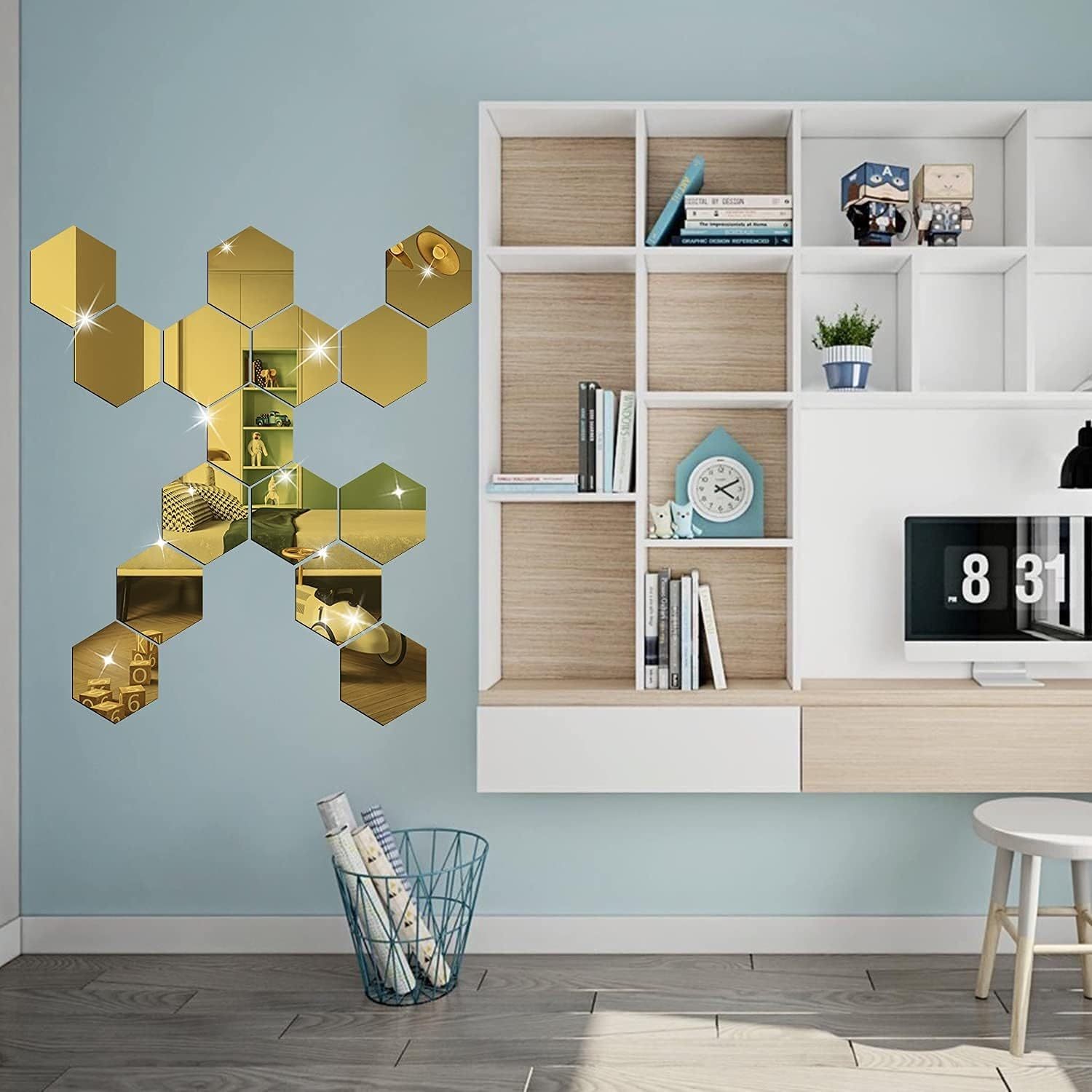 24Pcs Large Hexagonal Mirror Wall Stickers Boho Living Room Background Wall Art