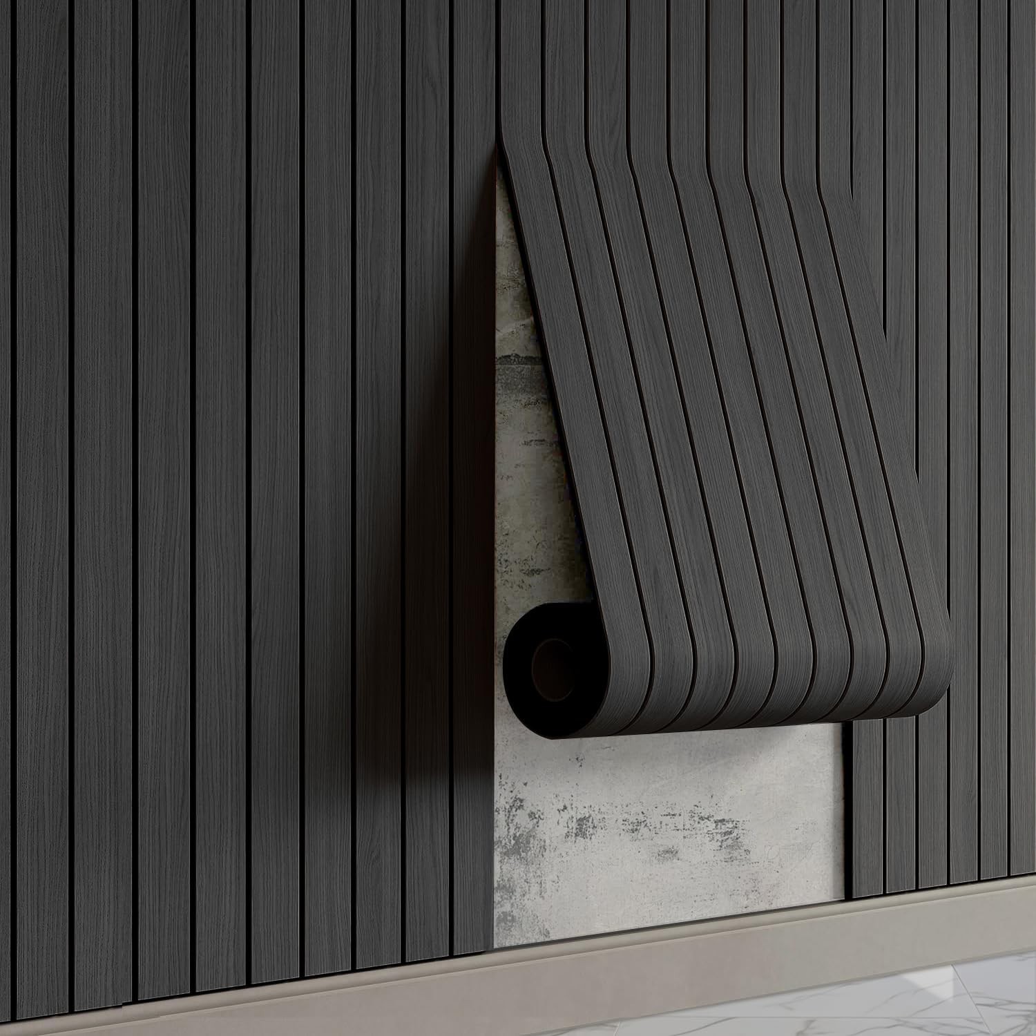 Self-Adhesive PVC Slat Wall Panels – Peel & Stick Faux Black Oak Wood 3D Decor