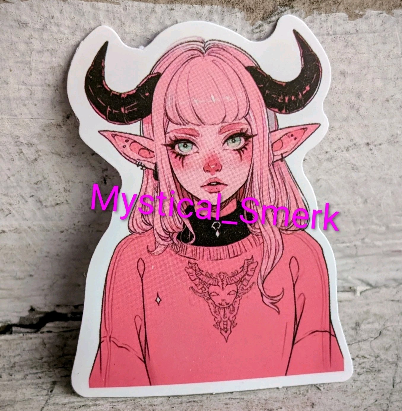 Haunted Doll Active Spirit Demon Girl With Horns Cool Sweater Pink Sticker 1 Pc