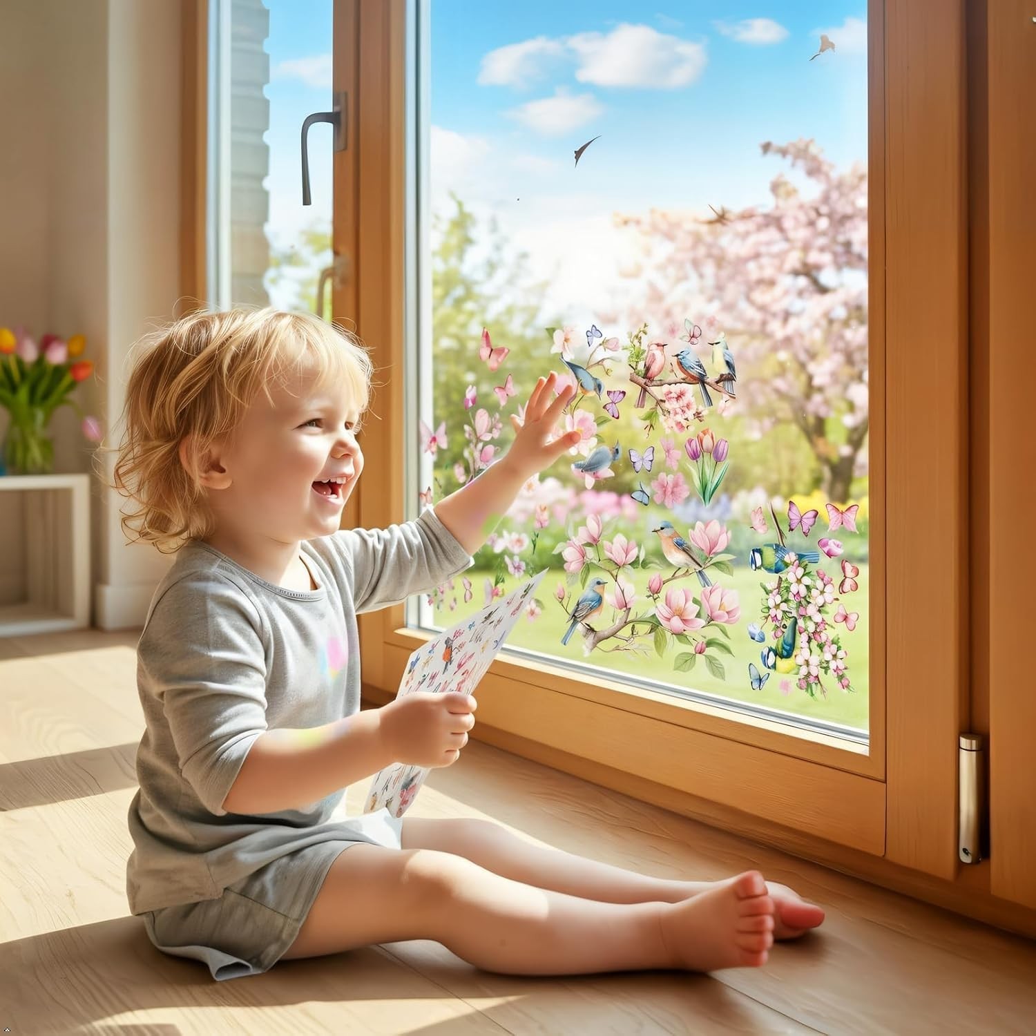 Spring Window Cling Sticker – 78PCS Tulip Butterfly Flower Hummingbirds Windo…