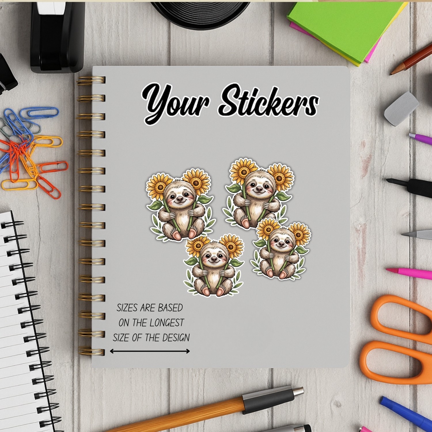 4pcs Sloth with Sunflower Stickers – Cute Floral Animal Vinyl Decals for Laptop