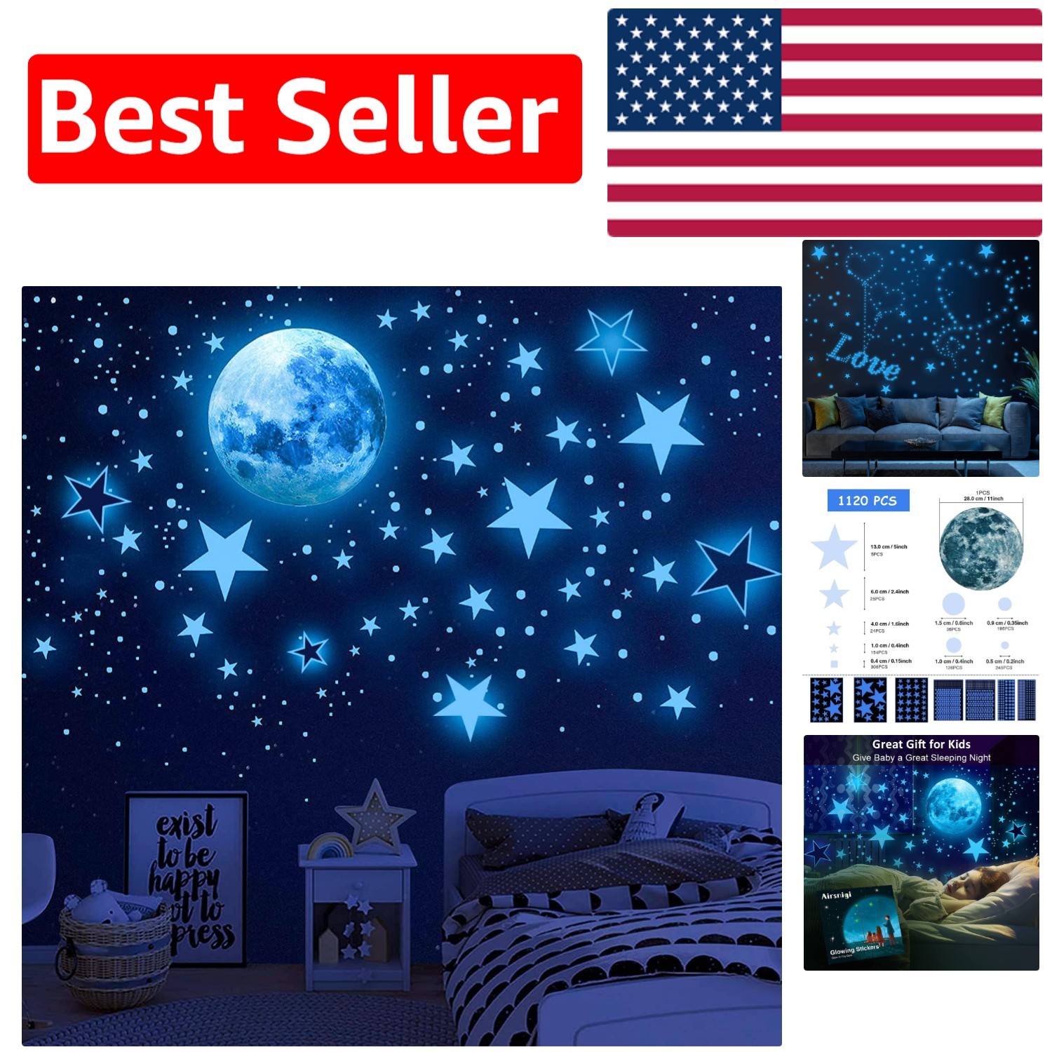 Eco-Friendly 1120 Pcs Glow in The Dark Ceiling Stars for Children's Room Decor