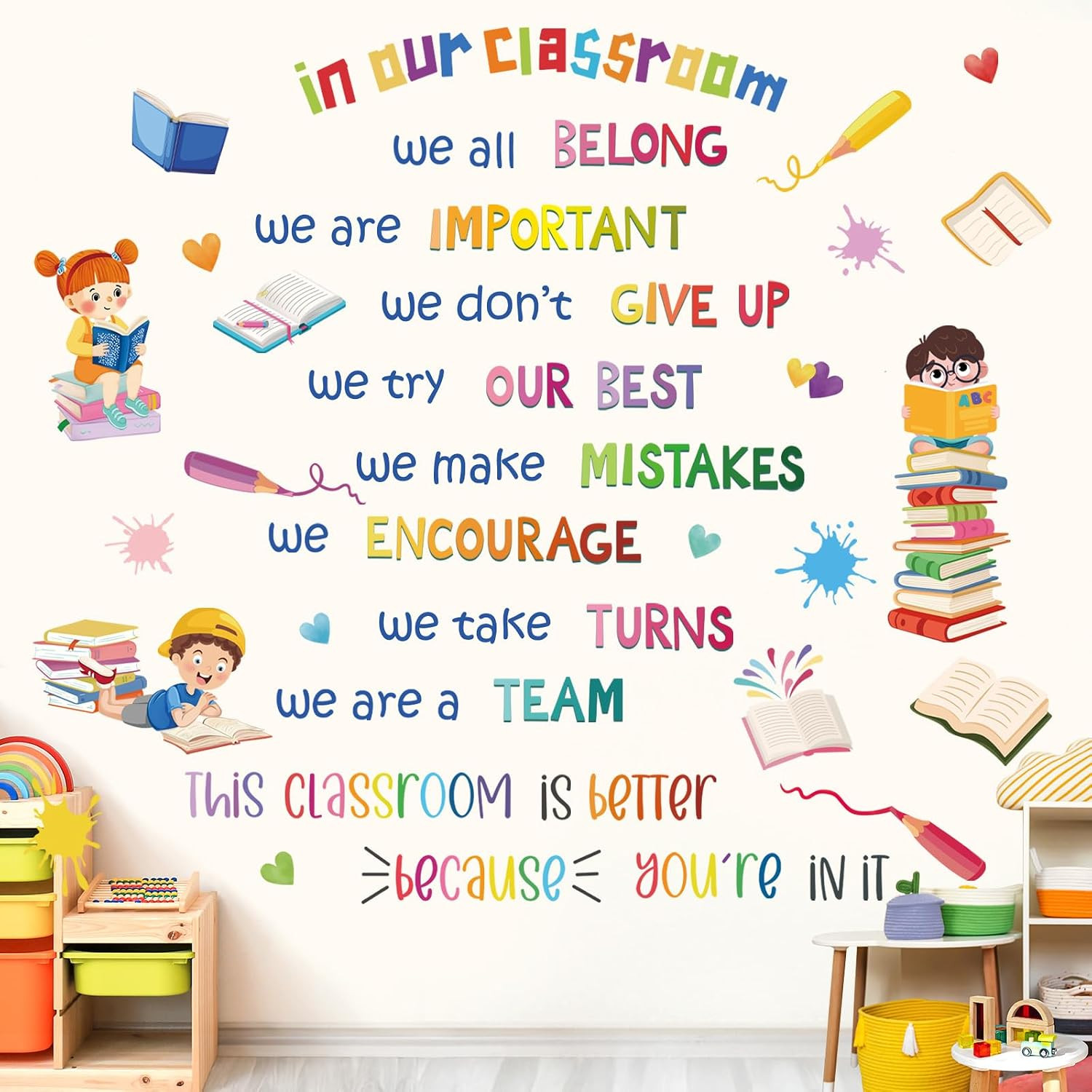Vibrant Inspirational Quotes Wall Decals, Creative Kids Books Positive Saying Wa