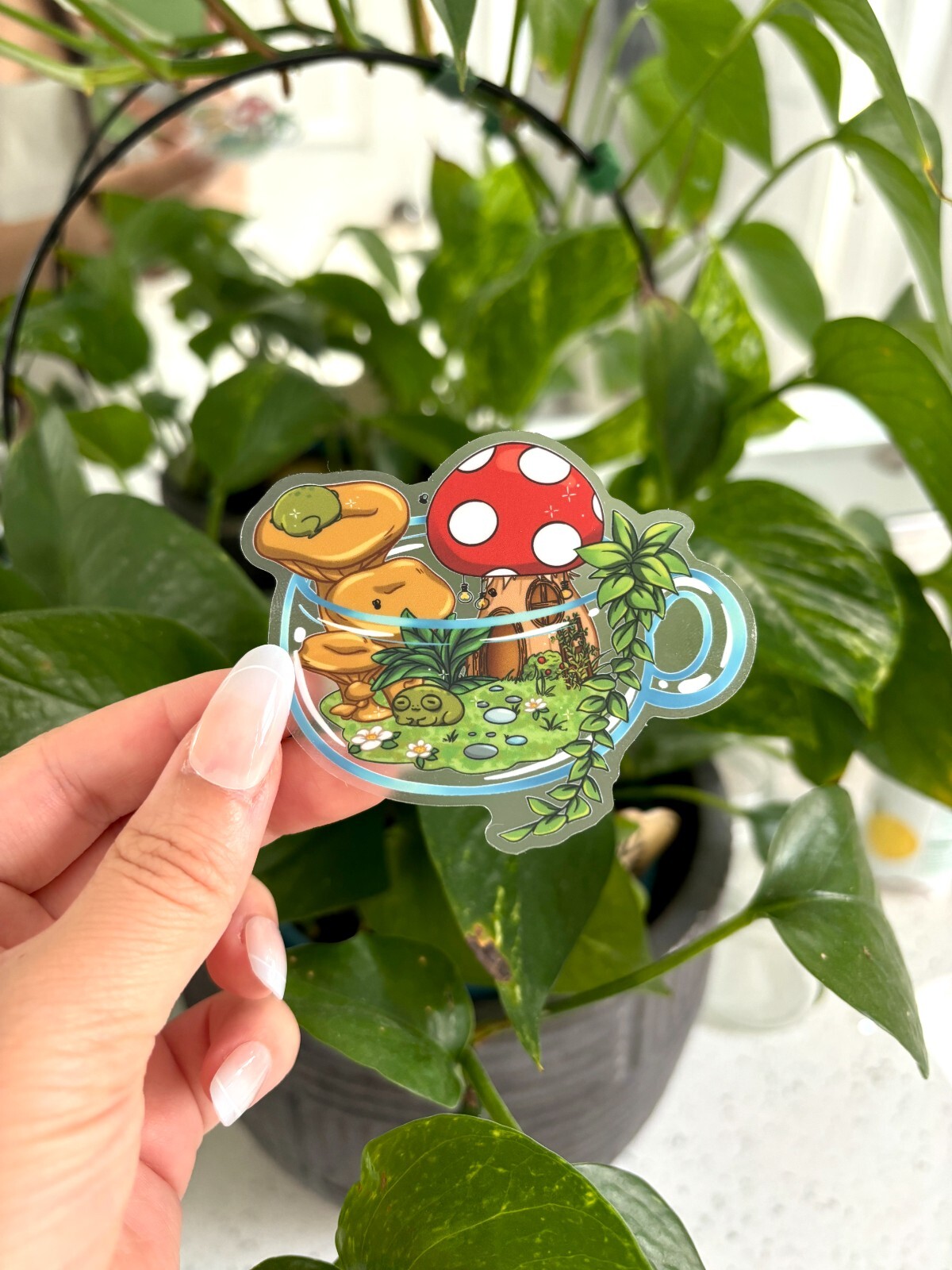 Cottage Core Plant Frog Mushroom House Clear Vinyl Sticker| Transparent Vinyl