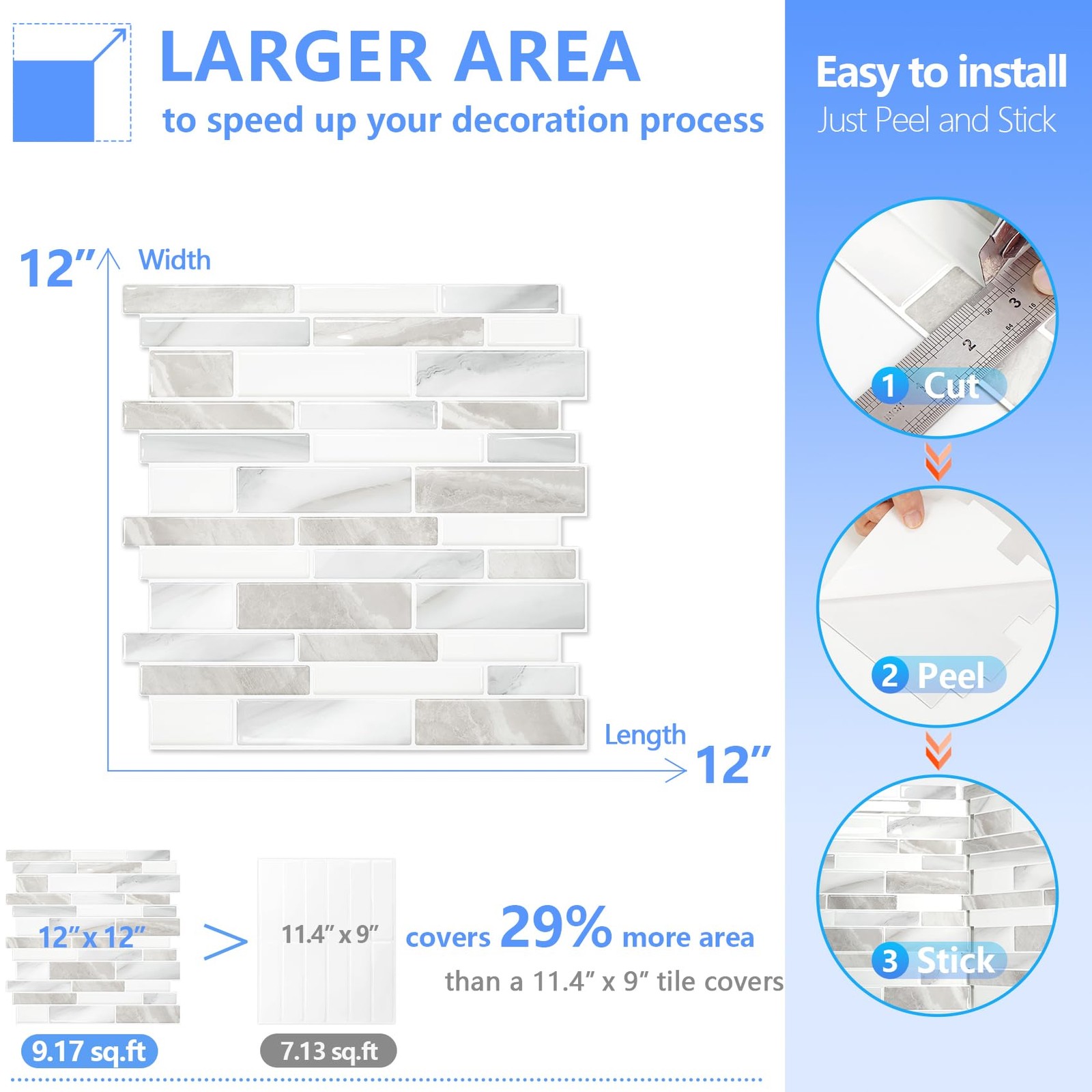 STICKGOO Thicker Design Peel and Stick 12in X 12in, Glossy Beige Gray White
