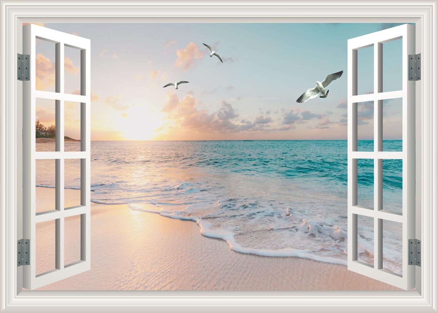 Fake Window Wall Decal Summer Beach Seascape Faux Window Sticker Office Poste…