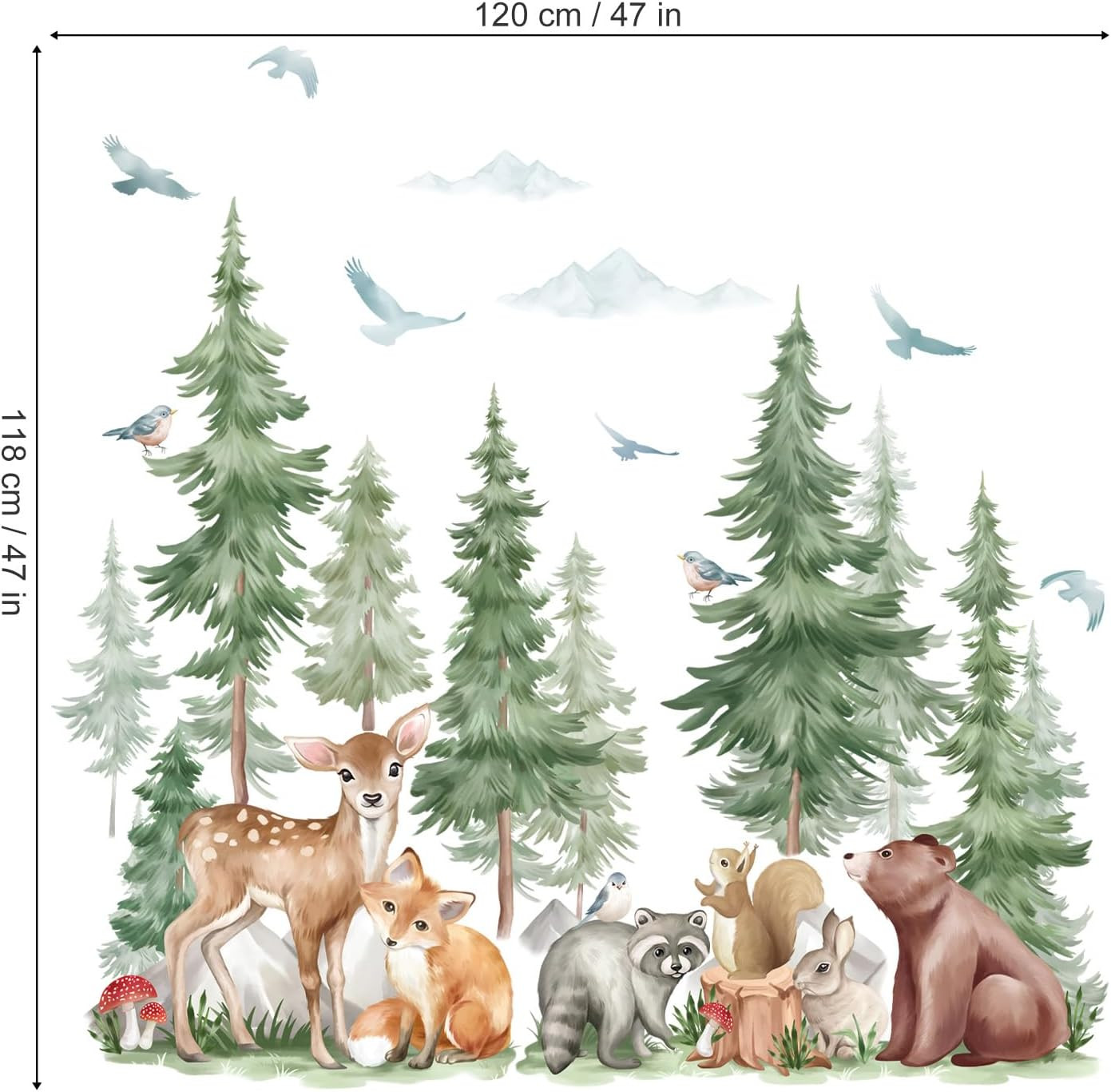 Mountain Tree Wall Stickers Large Pine Tree Forest Animal Bear Fox Peel and Stic