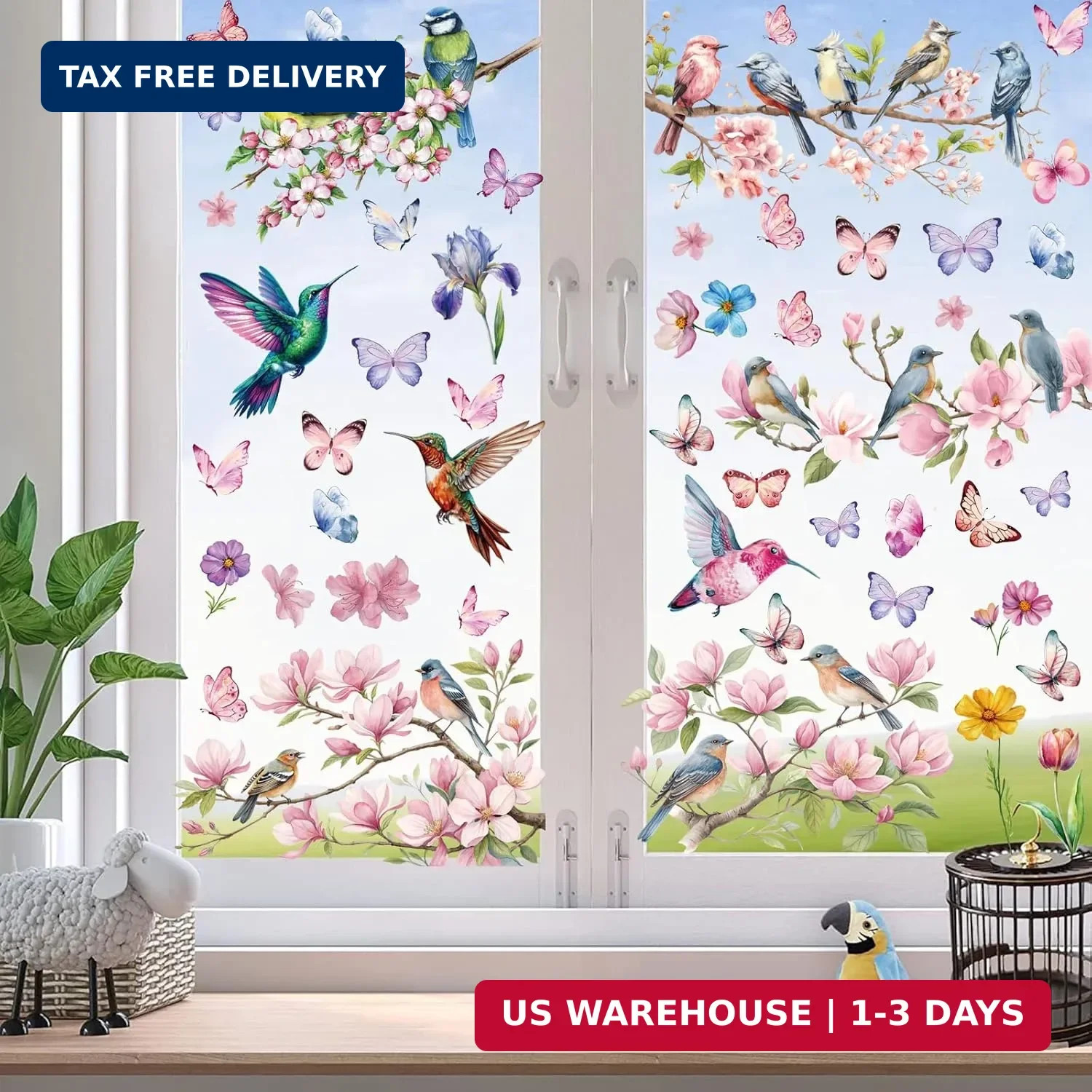 Spring Window Cling Sticker – 78PCS Tulip Butterfly Flower Hummingbirds Window D